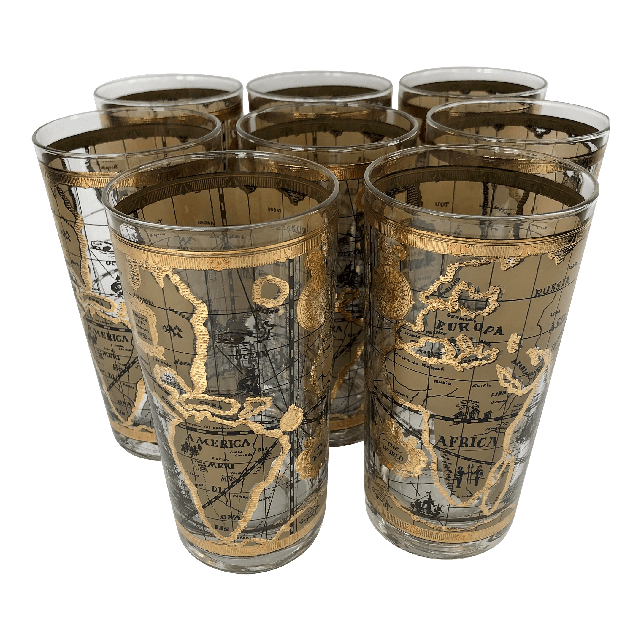 Vintage Cera Glass Highball Glasses With Old World Maps-Set of 8