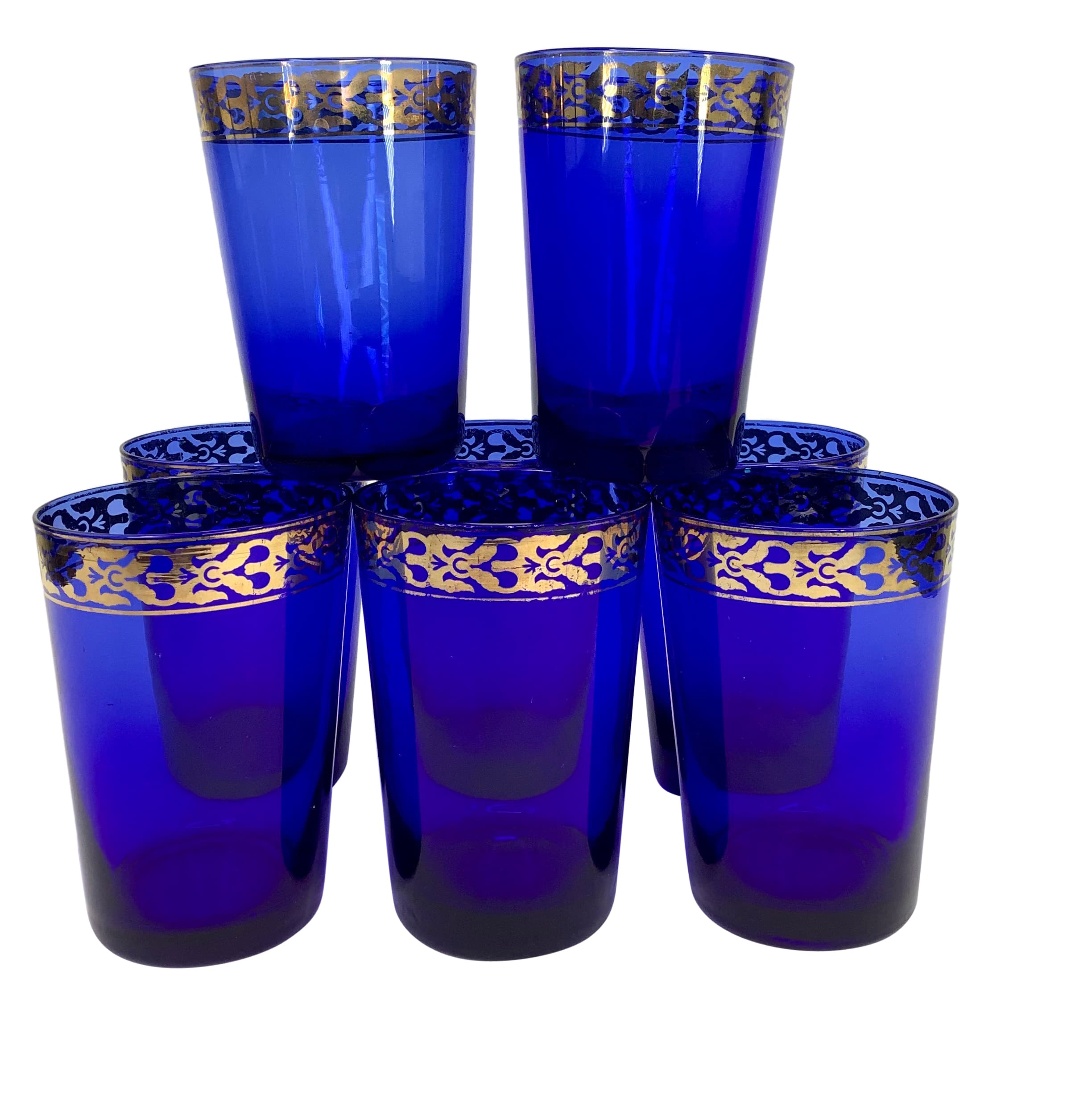 Set of 9 Vintage Cobalt Blue Glass With Gold Band Cocktail Glasses