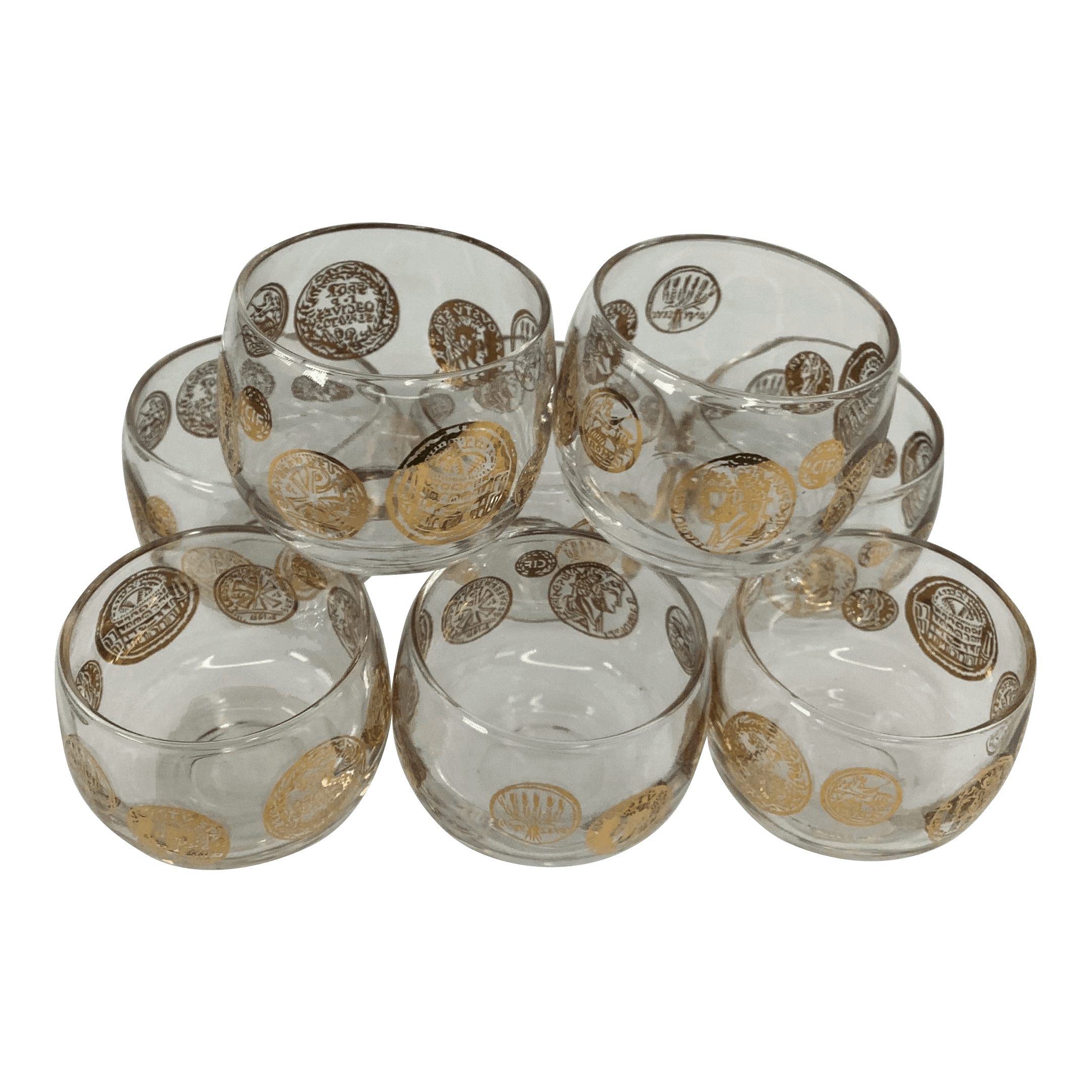 Vintage Small Roly Poly Cocktail Glasses With Gold Roman Coins-Set of 8