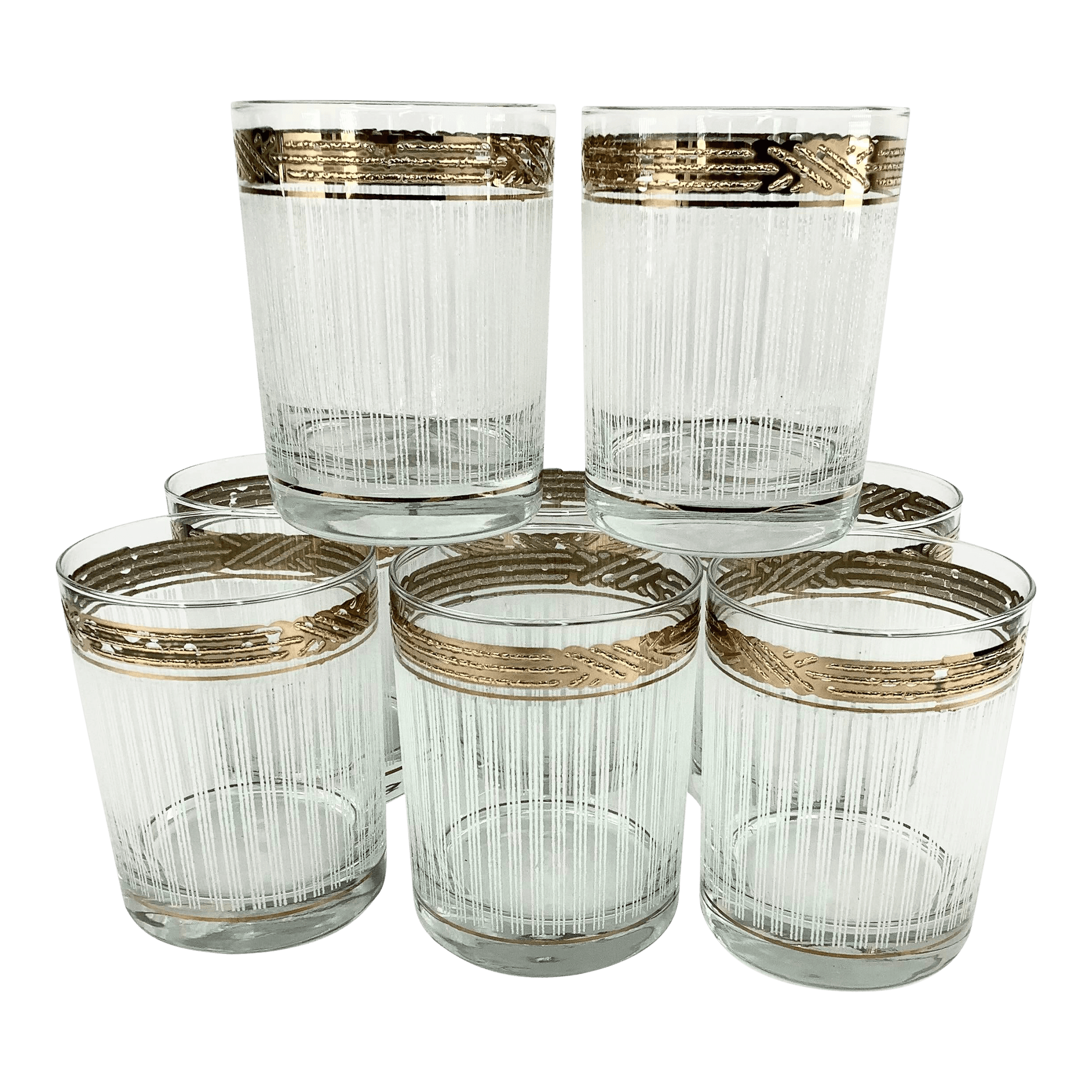 Vintage Georges Briard Old Fashioned Glasses With Gilt Band and Frosted Stripes