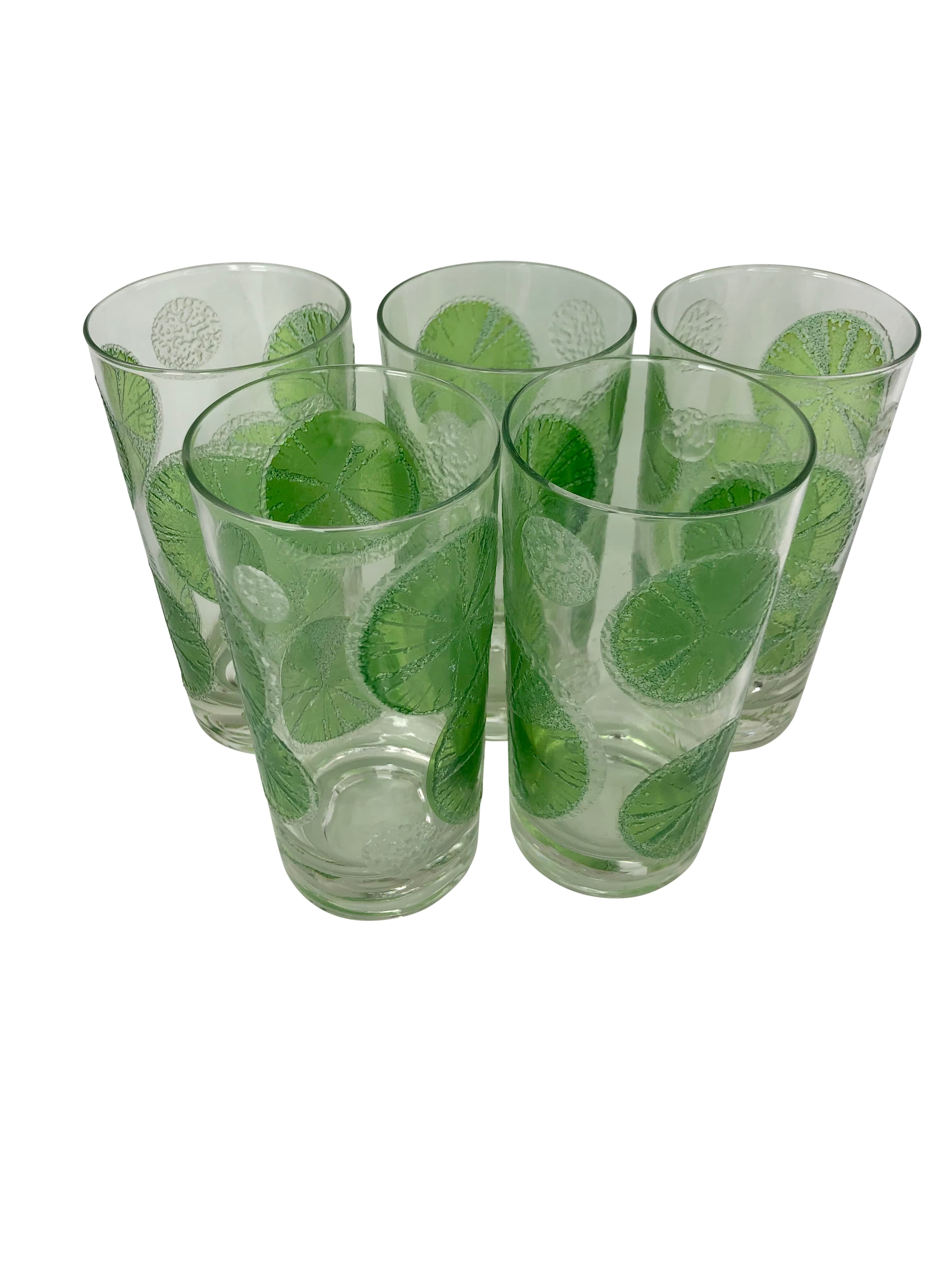 Set of 5 Vintage Fred Press Highball Glasses With Raised Lime Slices