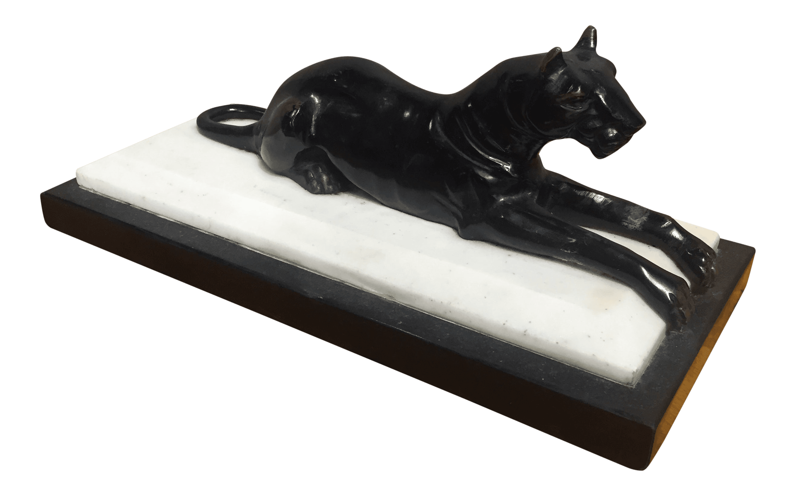 Recumbent Bronze Black Panther on Marble Base