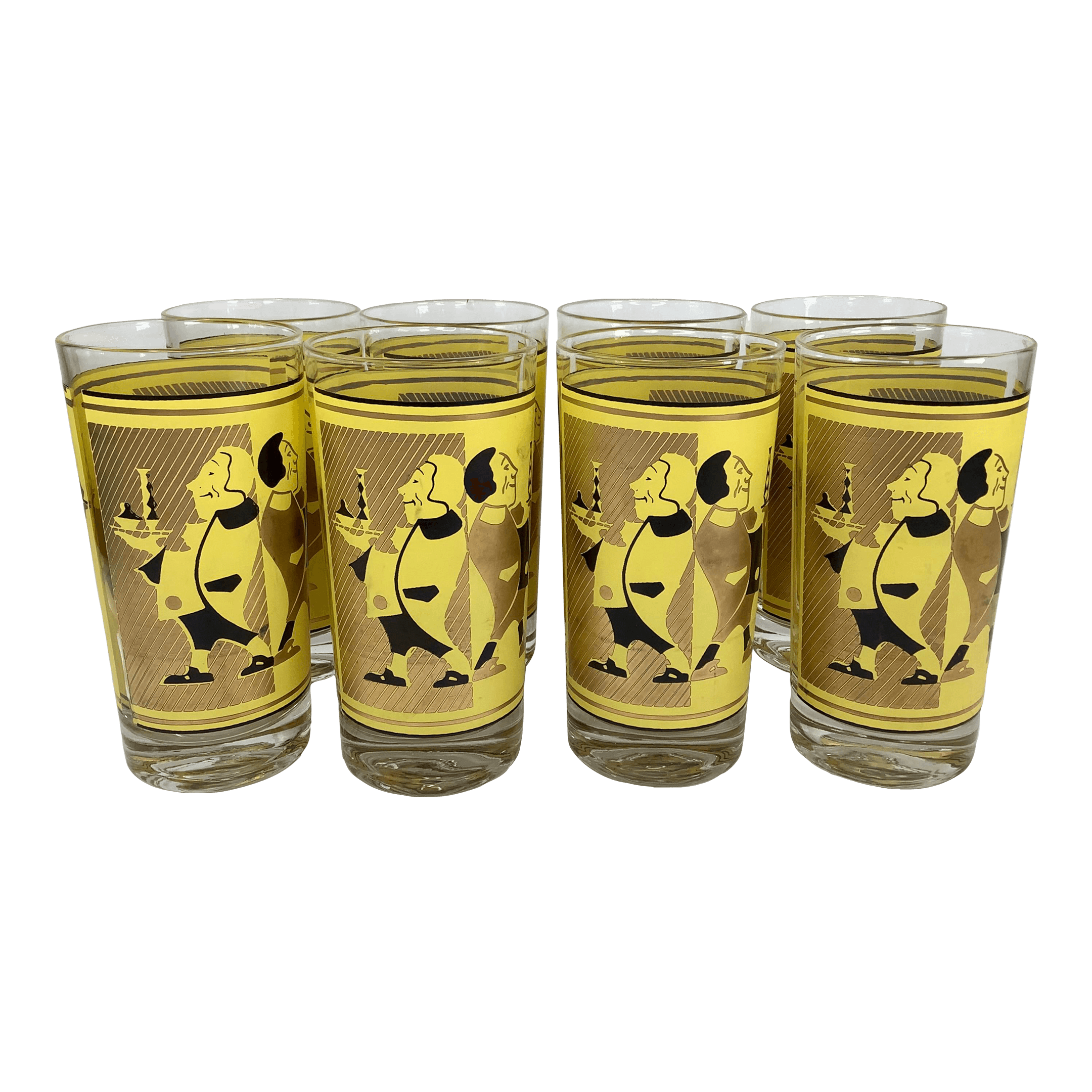 Vintage Yellow Gold and Black Highball Glasses With Serving Waiters-Set of 8