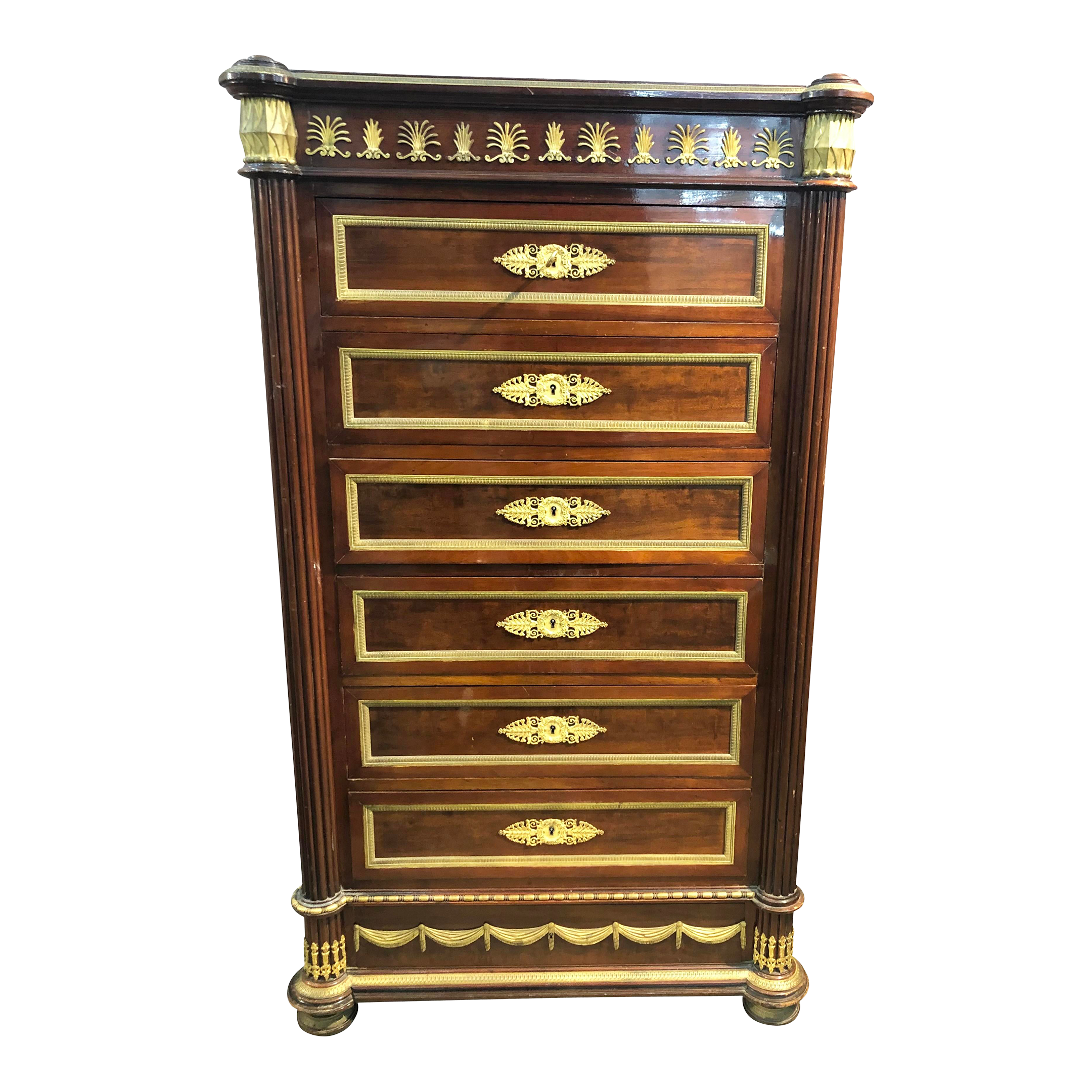19th C. French Empire Style Ormolu Mounted Semainier Tall Chest