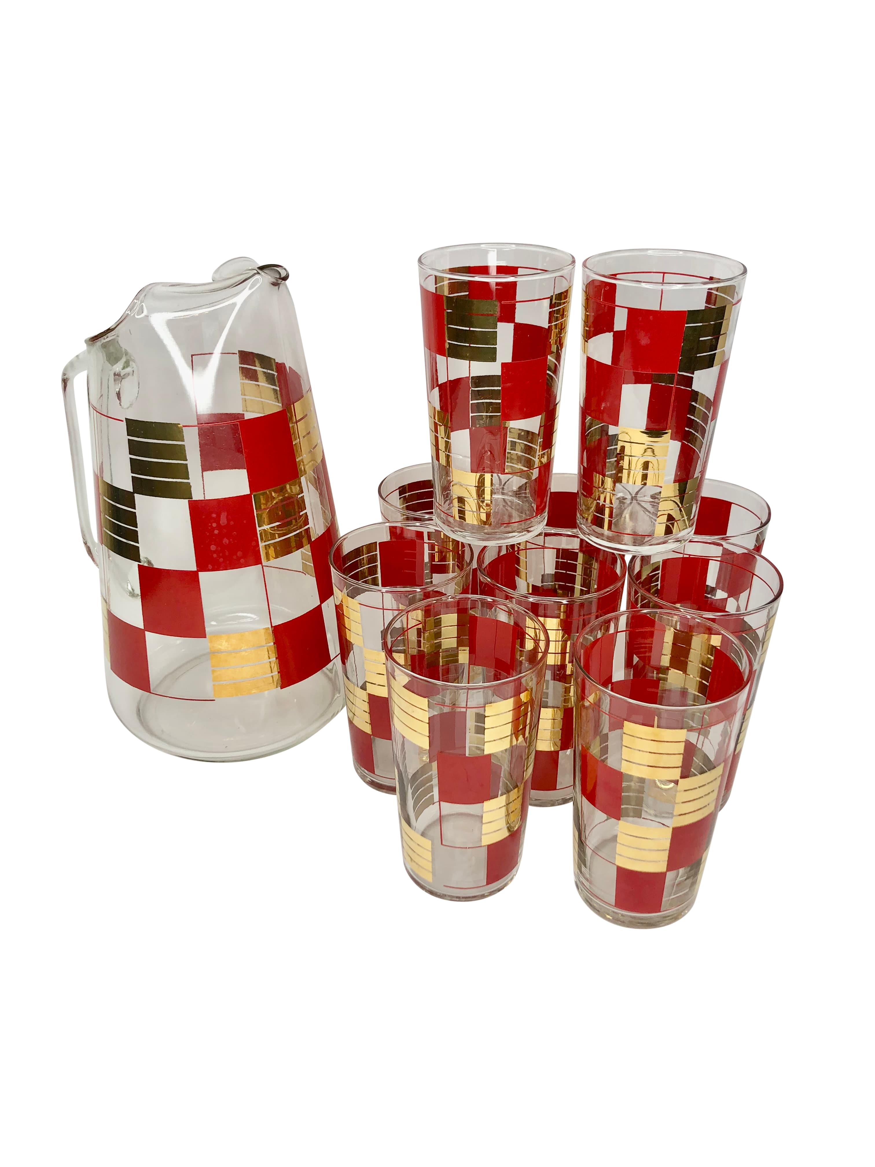 Vintage Gilt and Red Checkerboard Cocktail Set With Pitcher