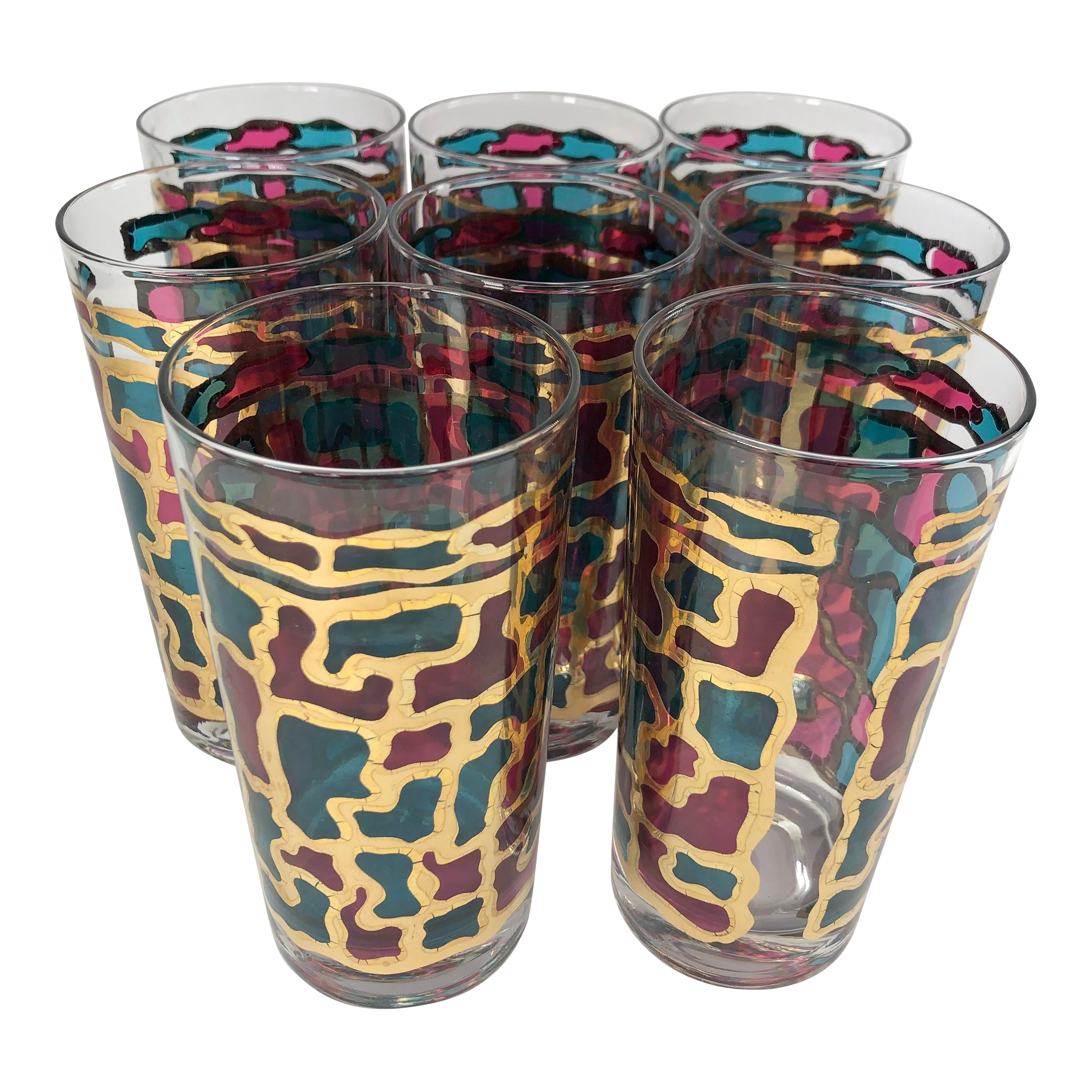 Vintage Stained Glass and Gilt Highball Glasses-Set of 8