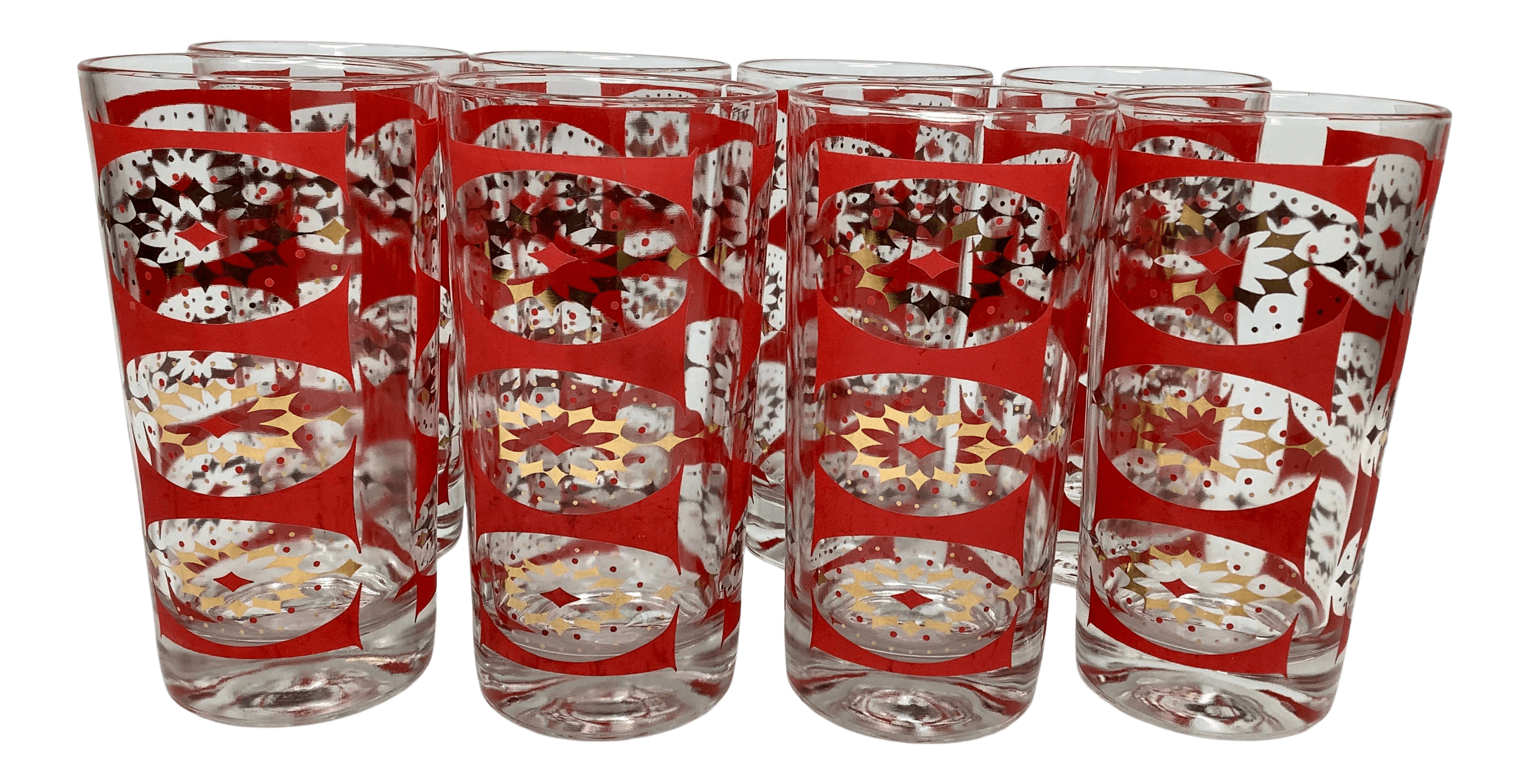 Vintage Federal Glass Gilt and Red Diamond Pattern Highball Glasses-Set of 8