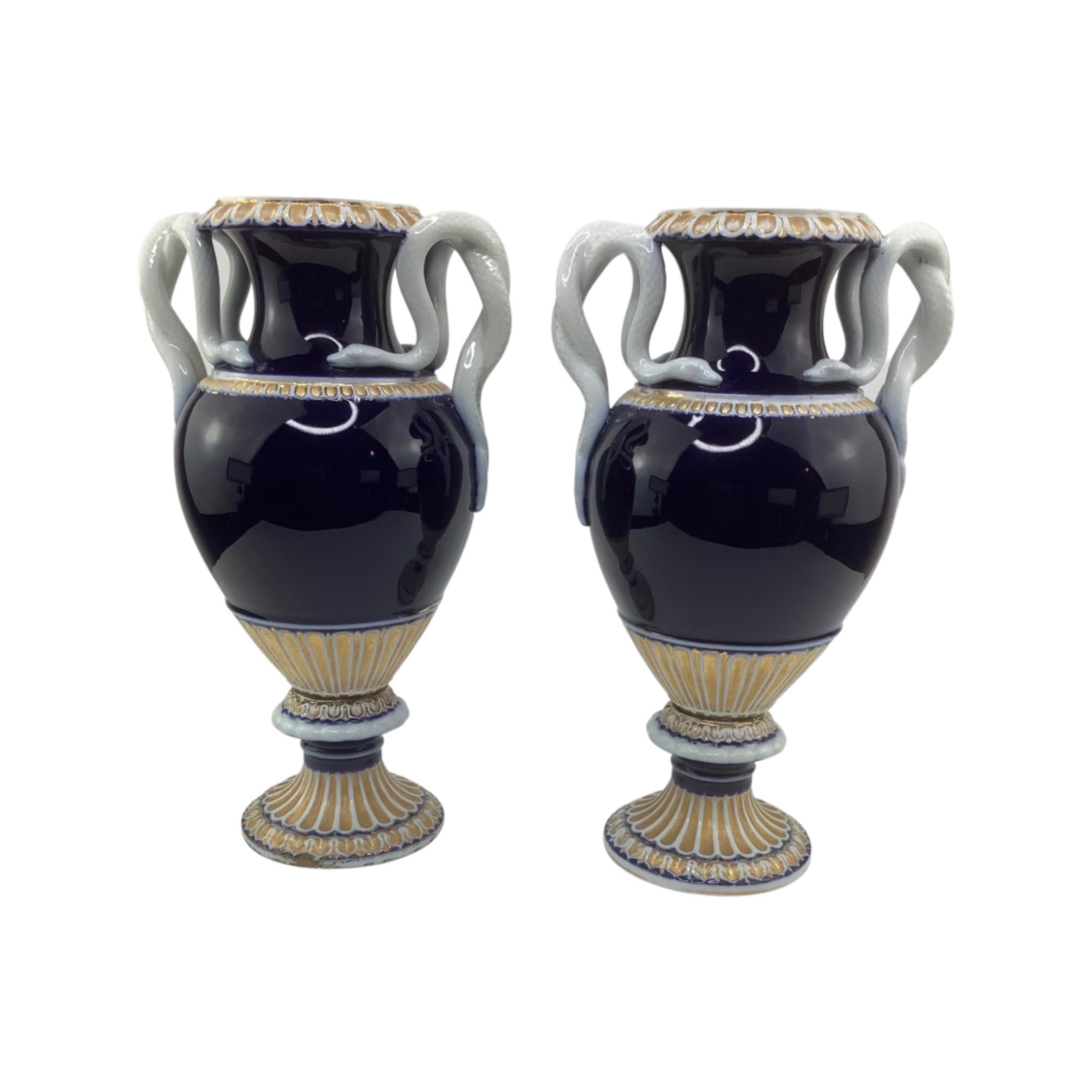 Pair of 19th C Cobalt Blue Meissen Serpent Porcelain Vases
