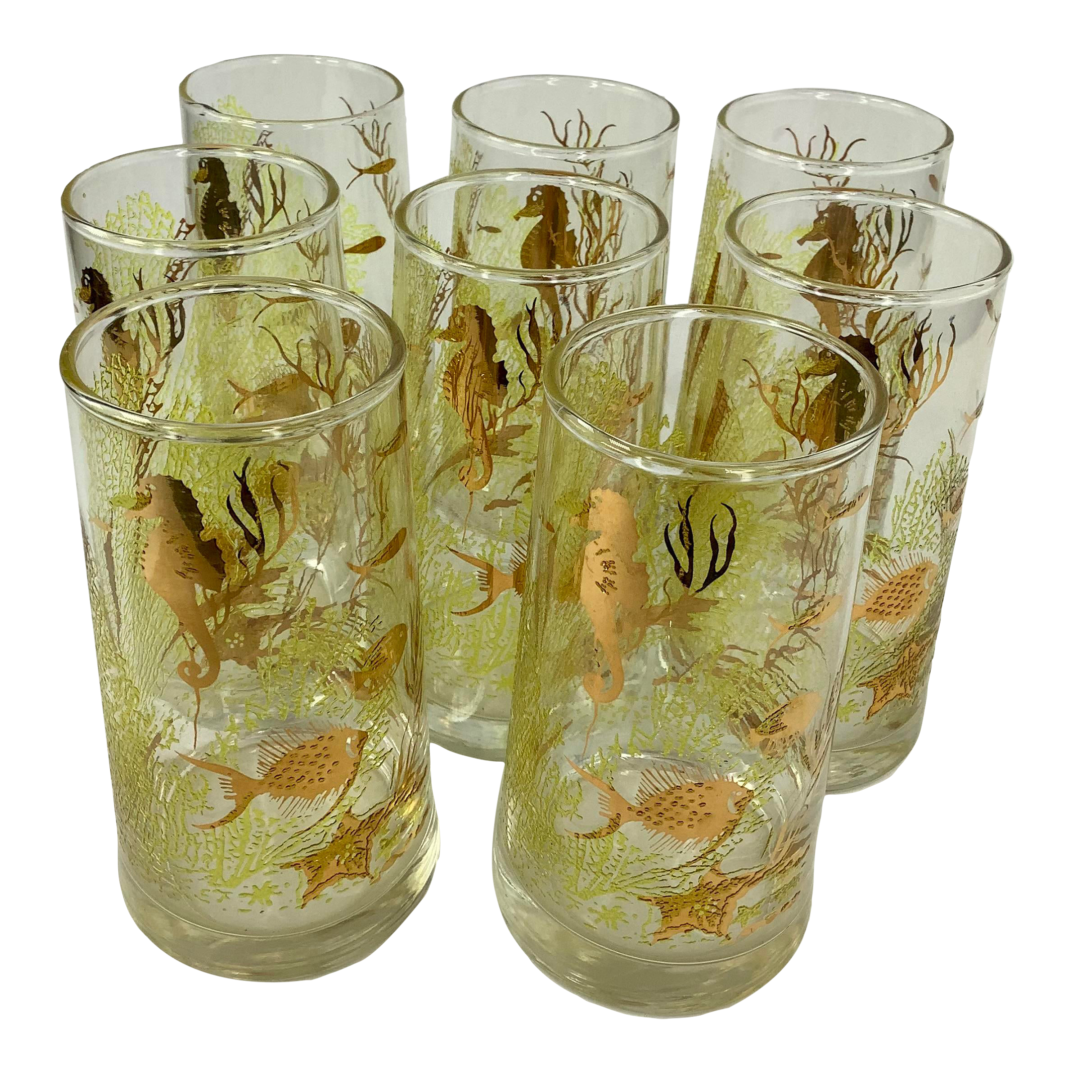 Vintage Marine Life Tumblers With Gilt Seahorses and Fish-Set of 8