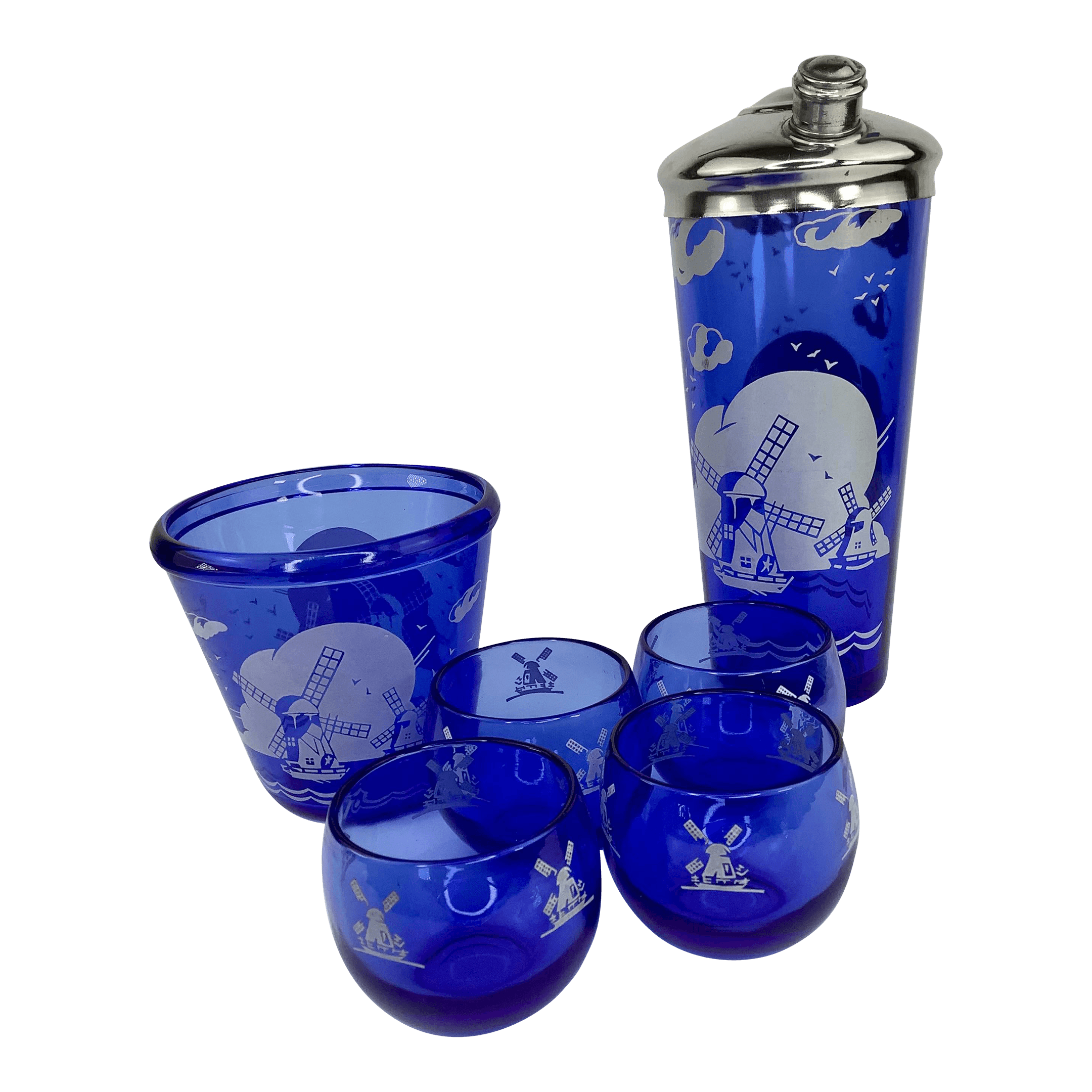 Vintage Hazel Atlas Windmills Cocktail Shaker, Ice Bucket, Set of 4 Roly Poly