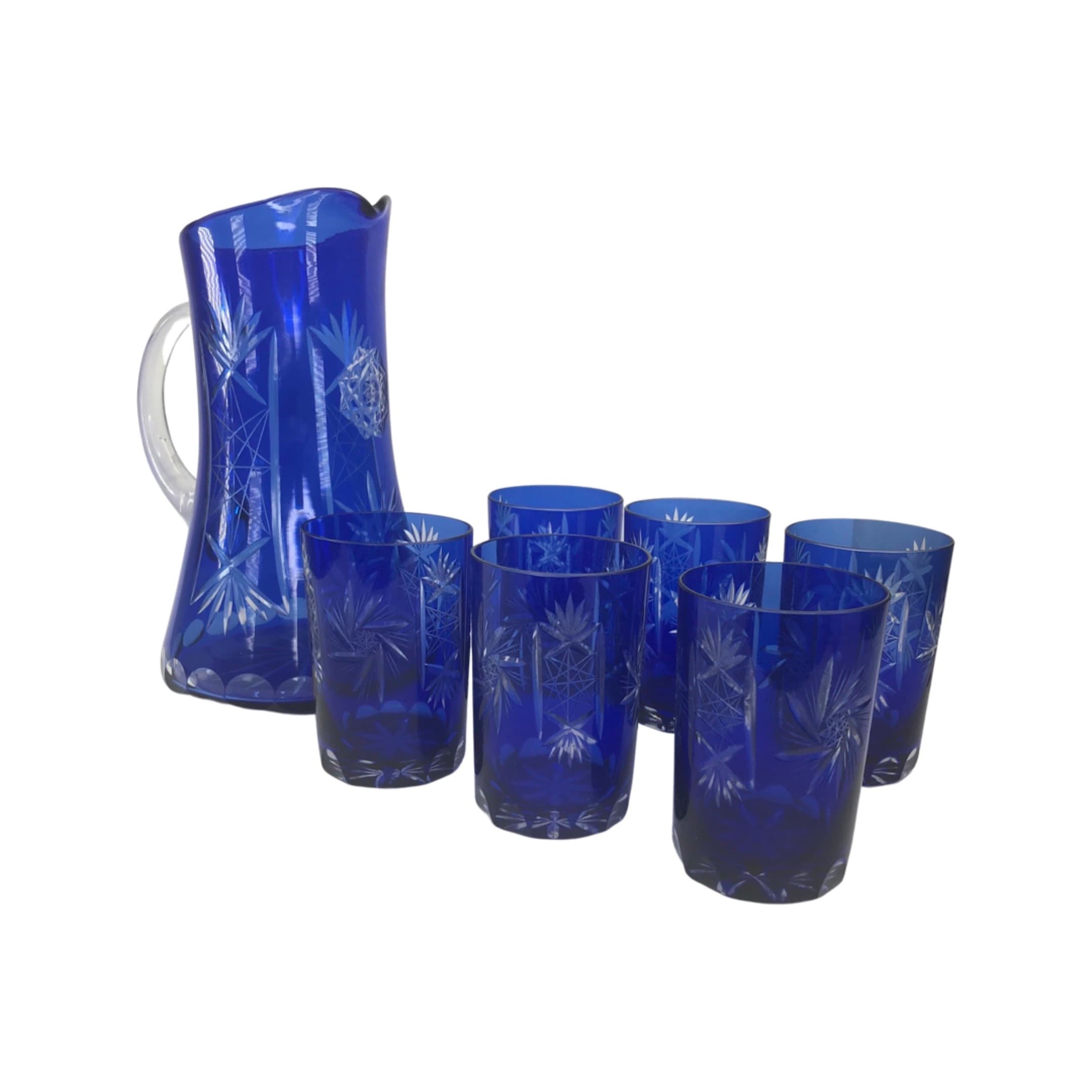 Set of 7 Bohemian Cut to Clear Cobalt Blue Pitcher and Six Glasses
