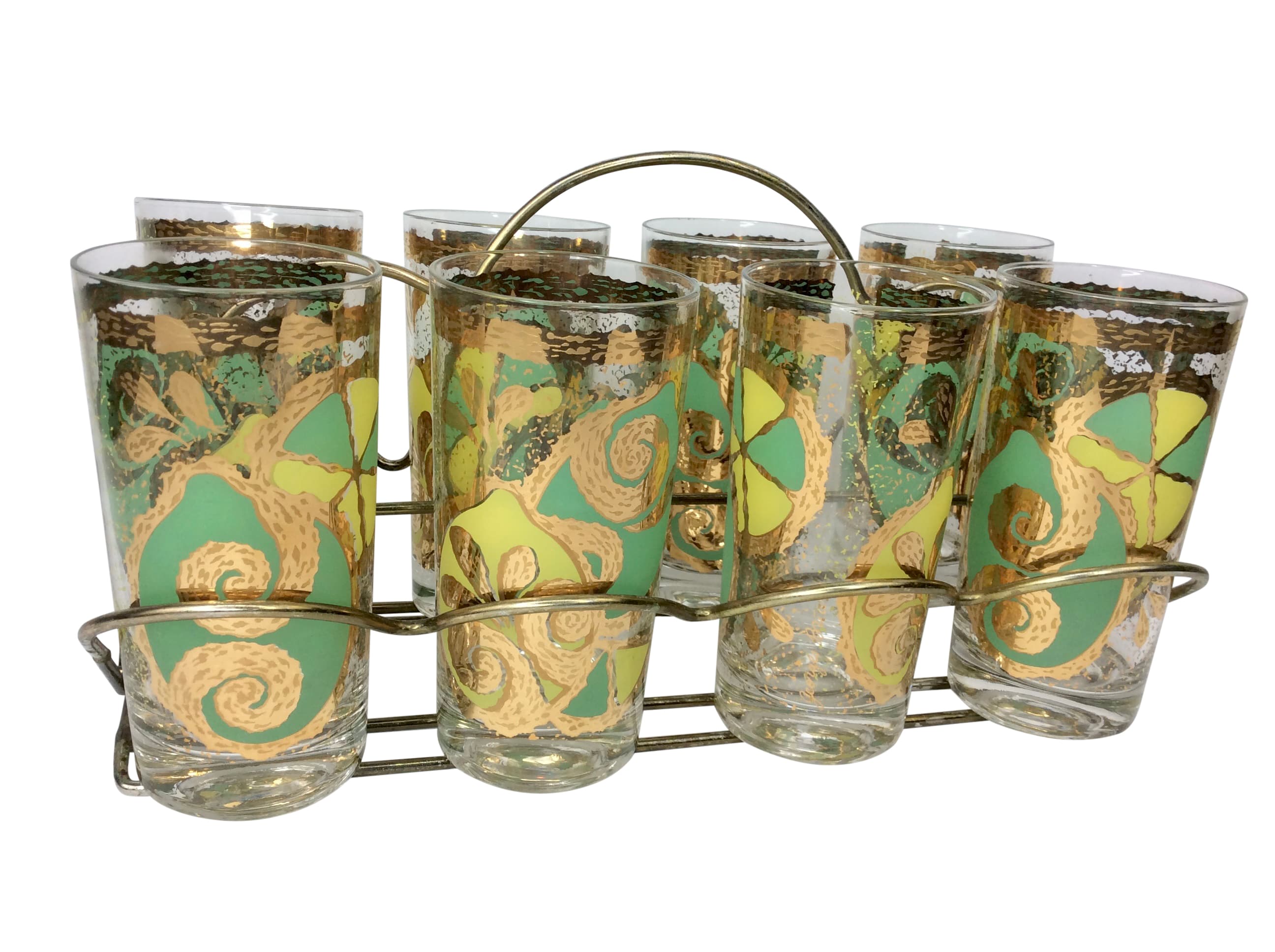 Set of 8 Vintage Georges Briard Lemon and Lime Highball Glasses With Caddy