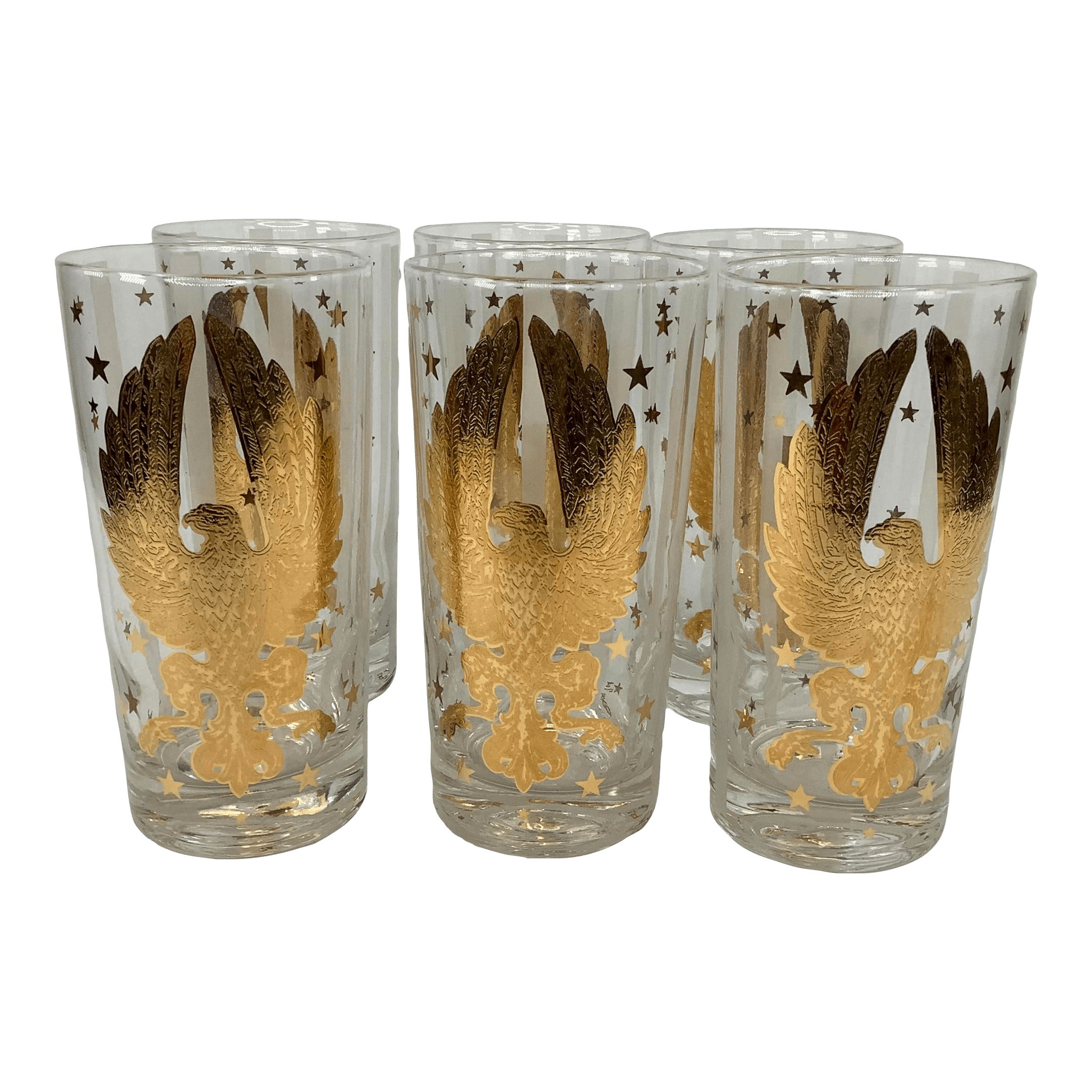 Vintage Gay Fad Highball Collins Cocktail Glasses With Gilt Eagles and Stars