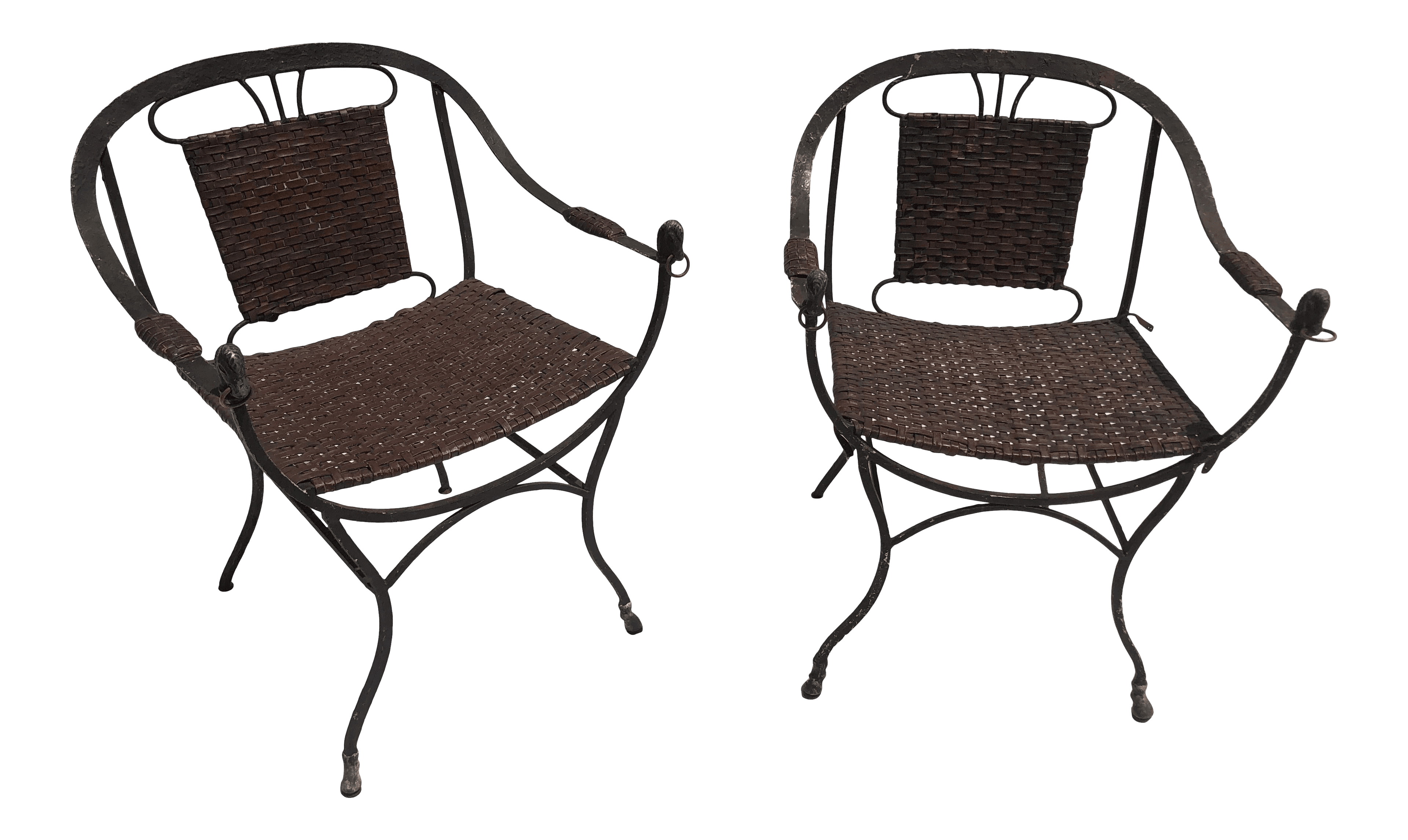 Pair of Iron Horseshoe Back and Leather Chairs