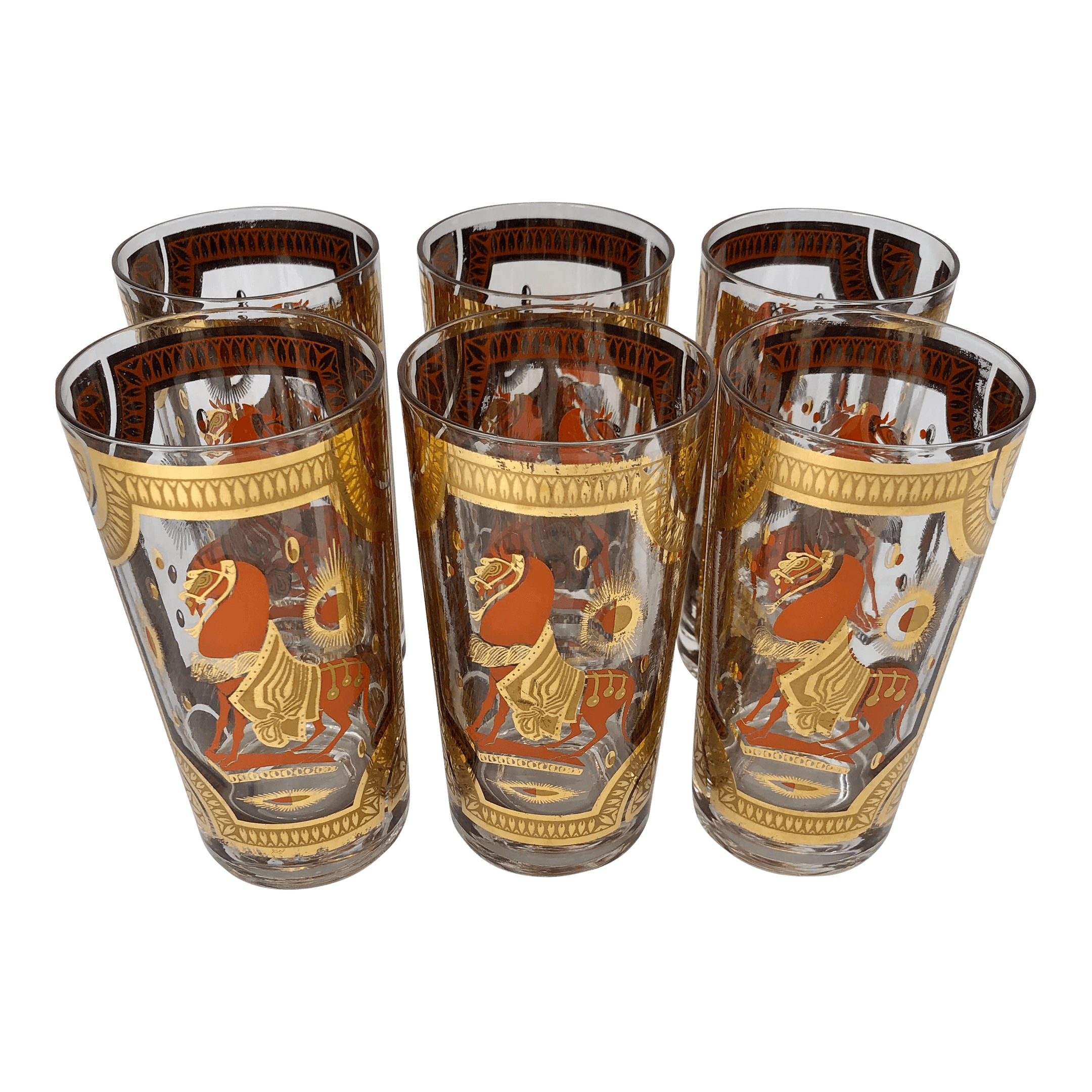 Vintage Fred Press Orange Trojan Horse Highball Glasses-Set of 6