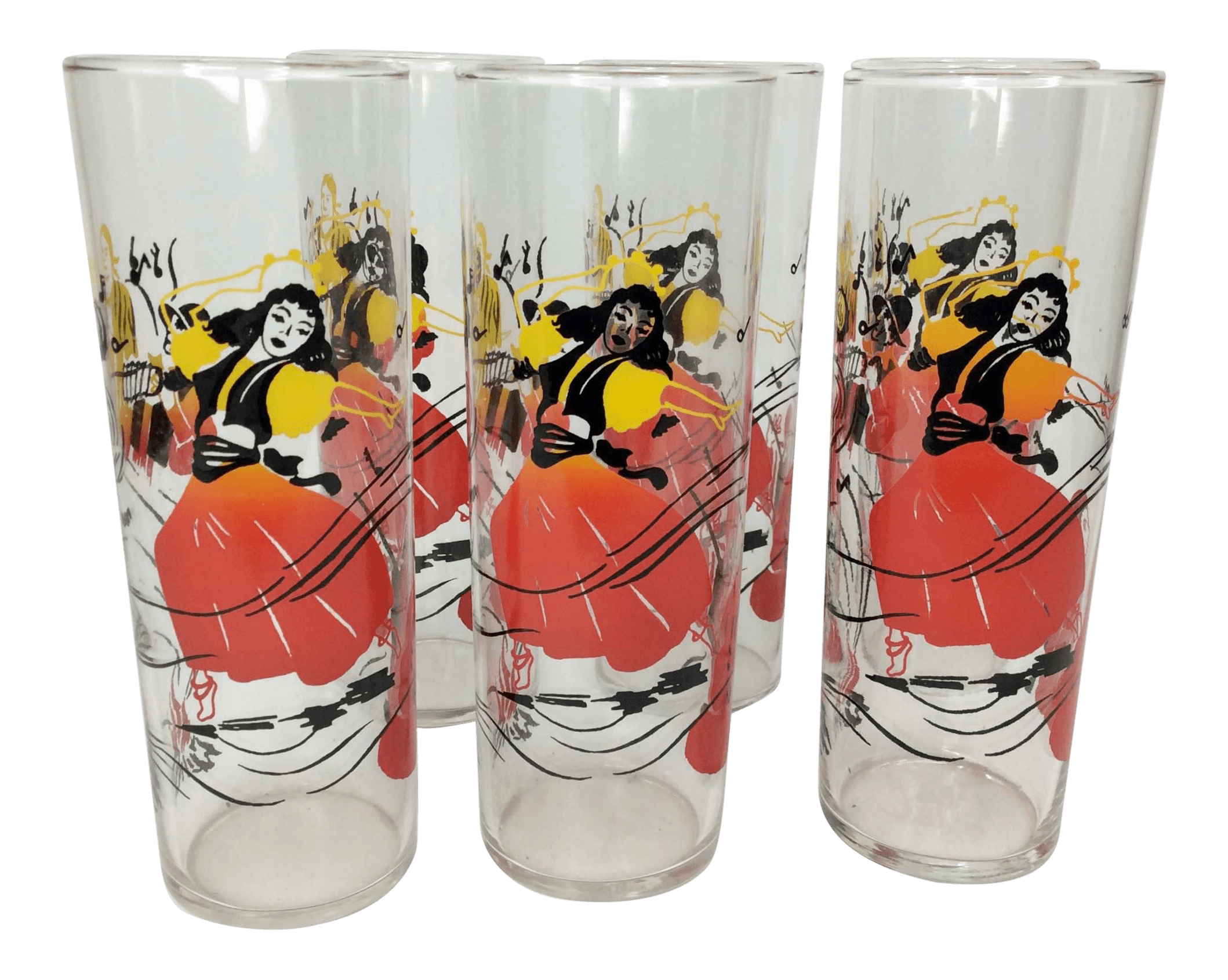Vintage Federal Glass Tom Collins Flamenco Dancer Glasses-Set of 6