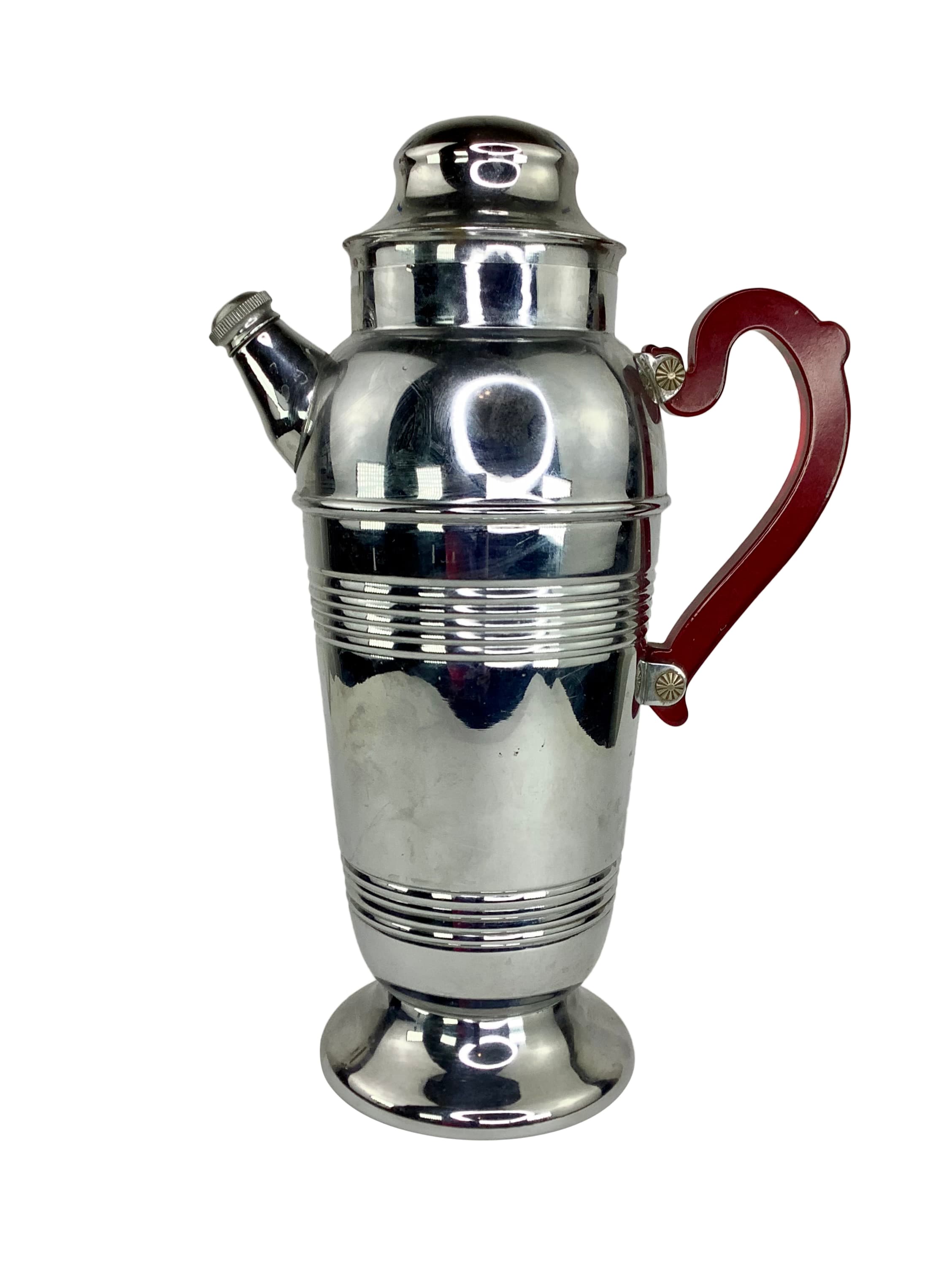 Chrome Art Deco Cocktail Shaker With Red Bakelite Handle