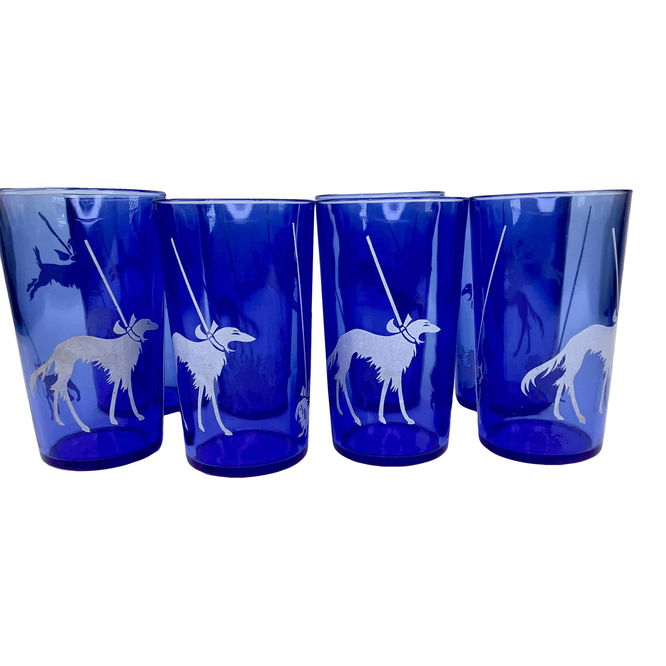 Vintage Hazel Atlas Blue Tumblers Decorated With Dogs on Leashes-Set of 8