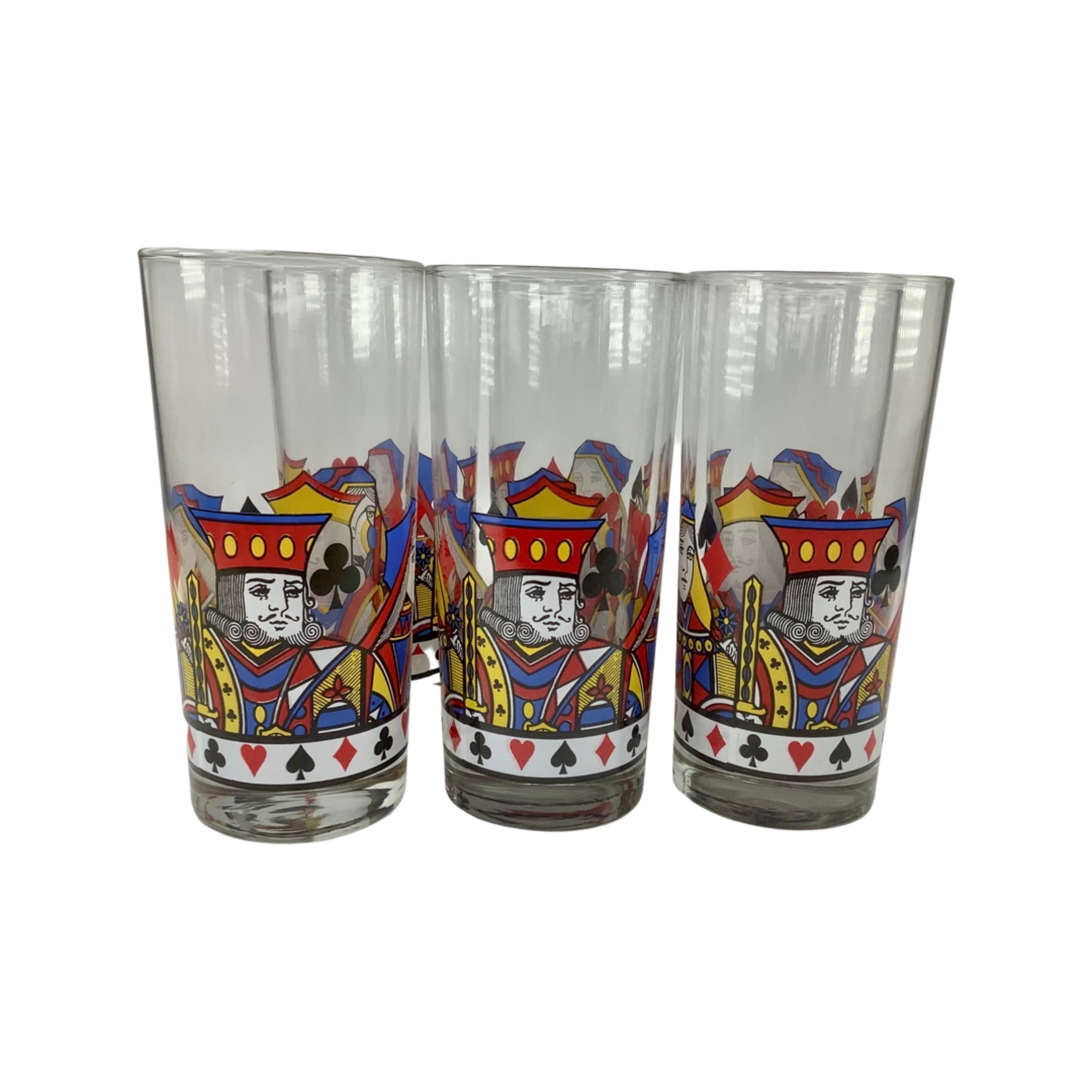 Set of 6 Vintage Card Suit Highball Glasses With Kings and Queens