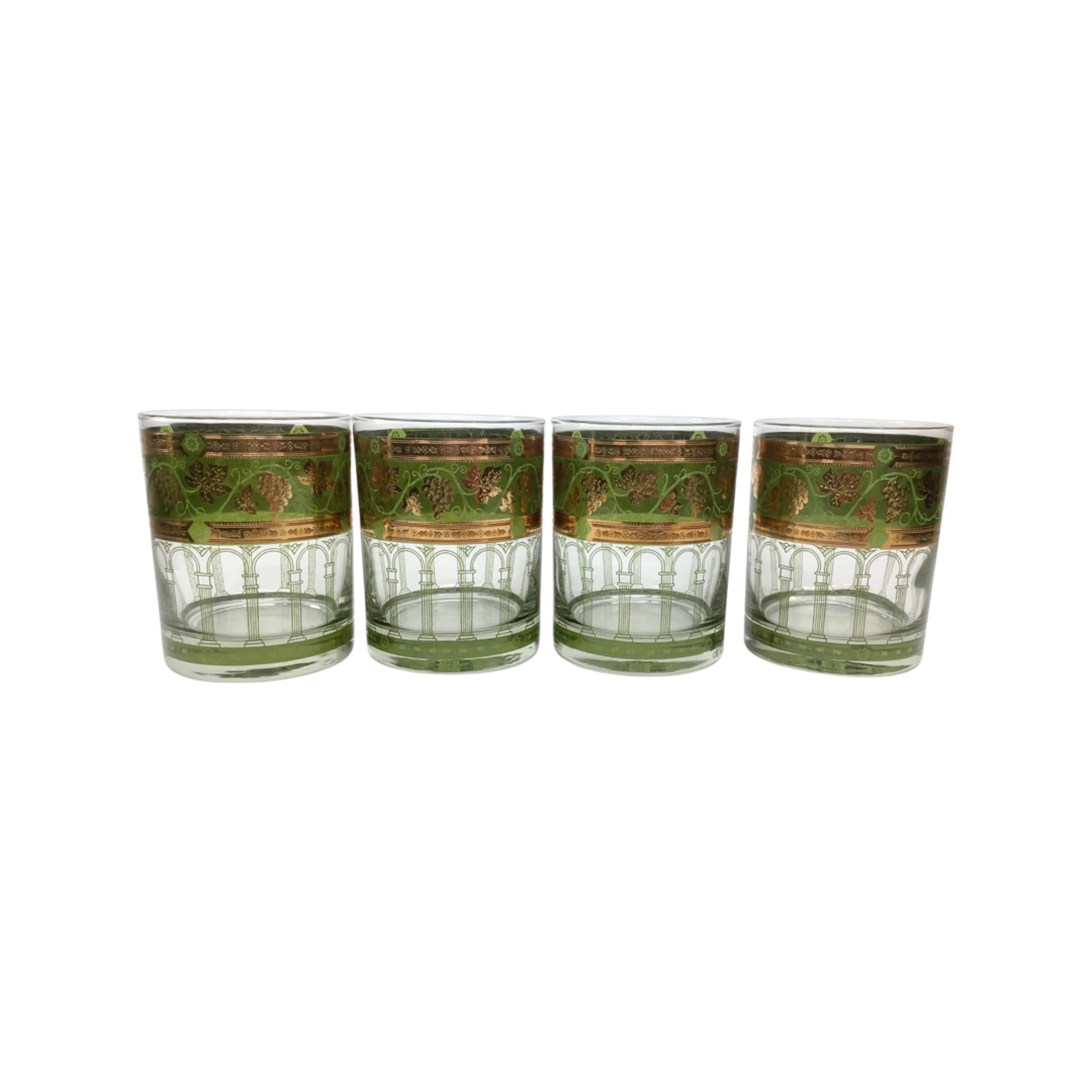 Set of 4 Vintage Cera Old Fashioned Rocks Golden Grapes Green Cocktail Glasses
