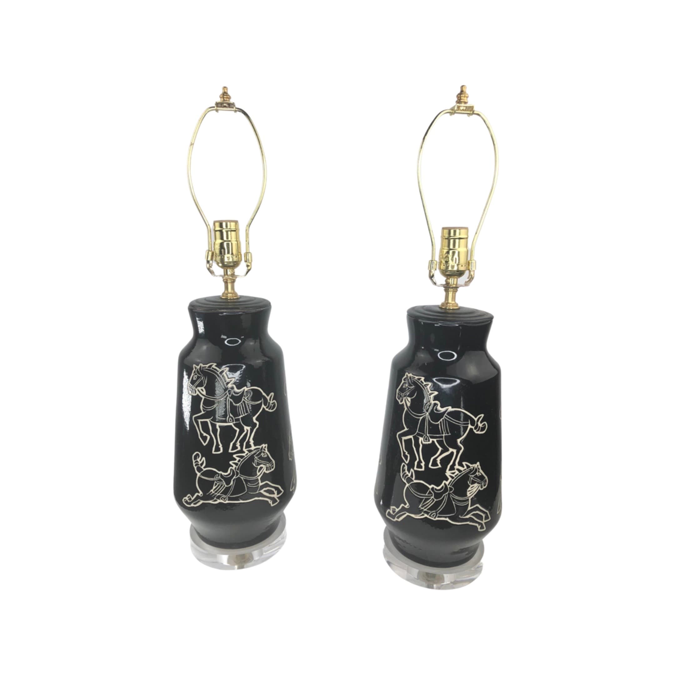 Pair of Mid-Century Black Glazed Ceramic Lamps