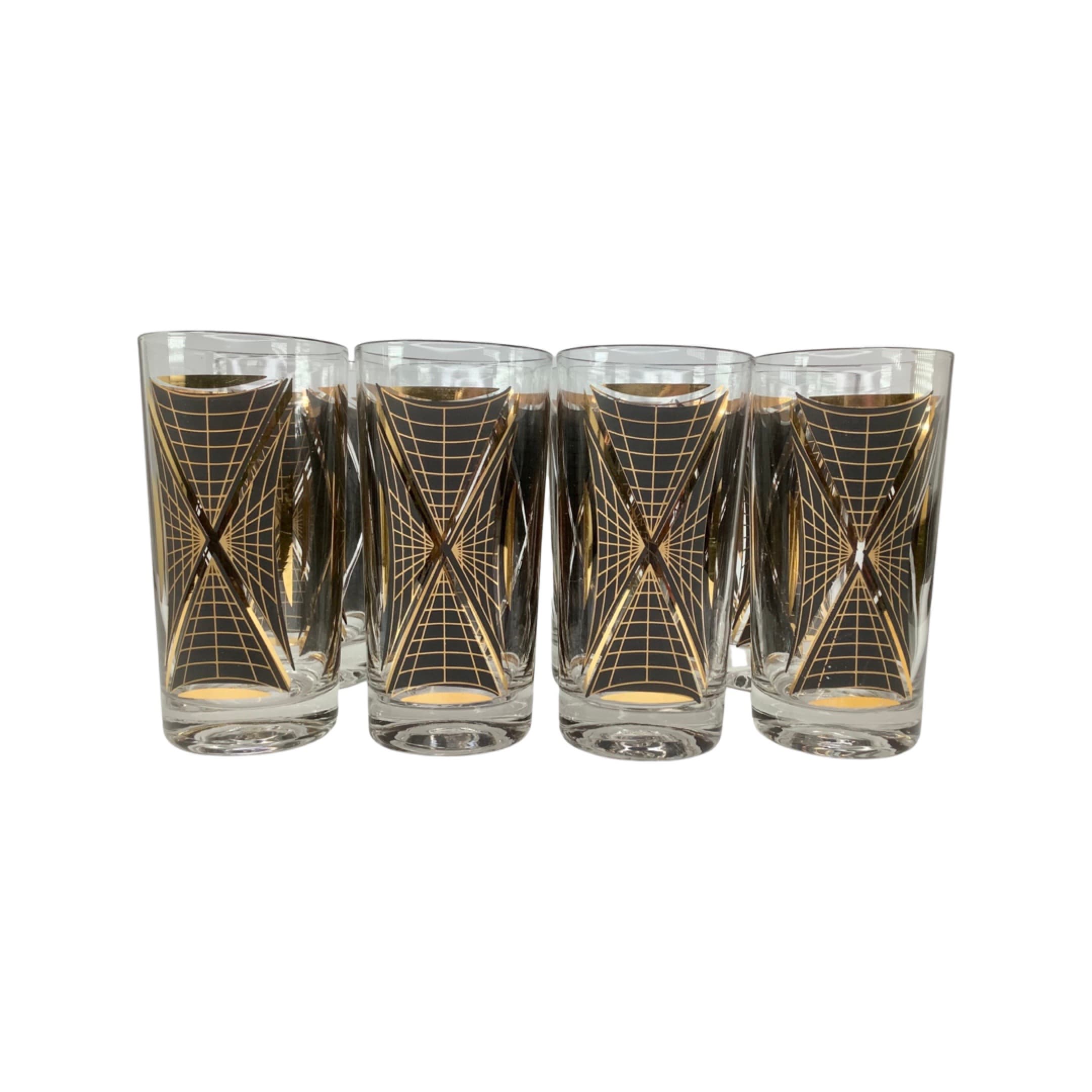 Set of 8 Vintage Federal Glass Atomic Black and Gold Highball Glasses