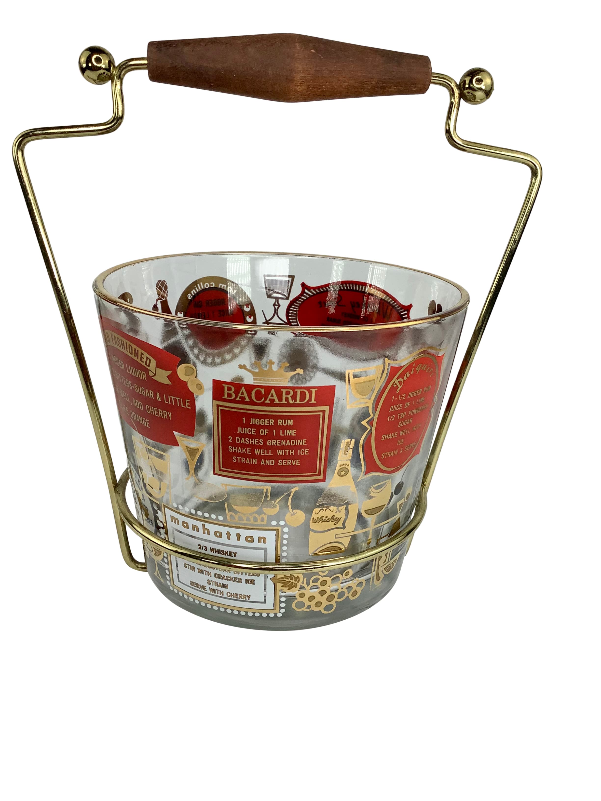 Mid-Century Glass Ice Bucket With Cocktail Recipes in Metal Carrier