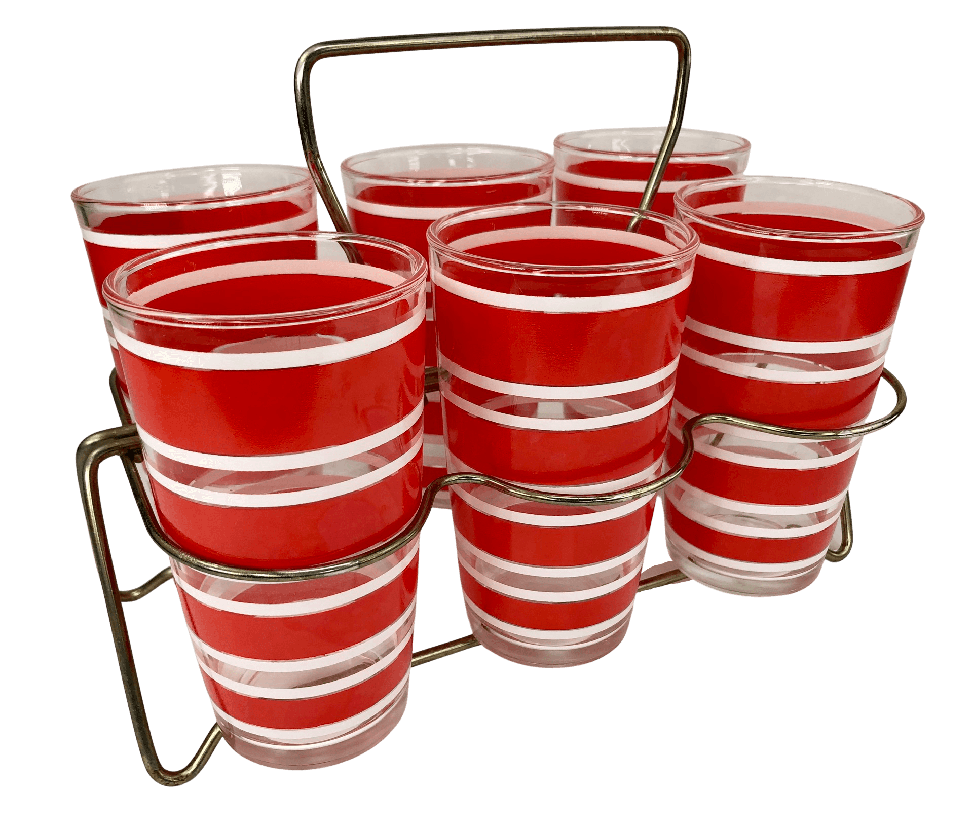 Set of 6 Vintage Hazel Atlas Red and White Banded Tumblers in Metal Caddy