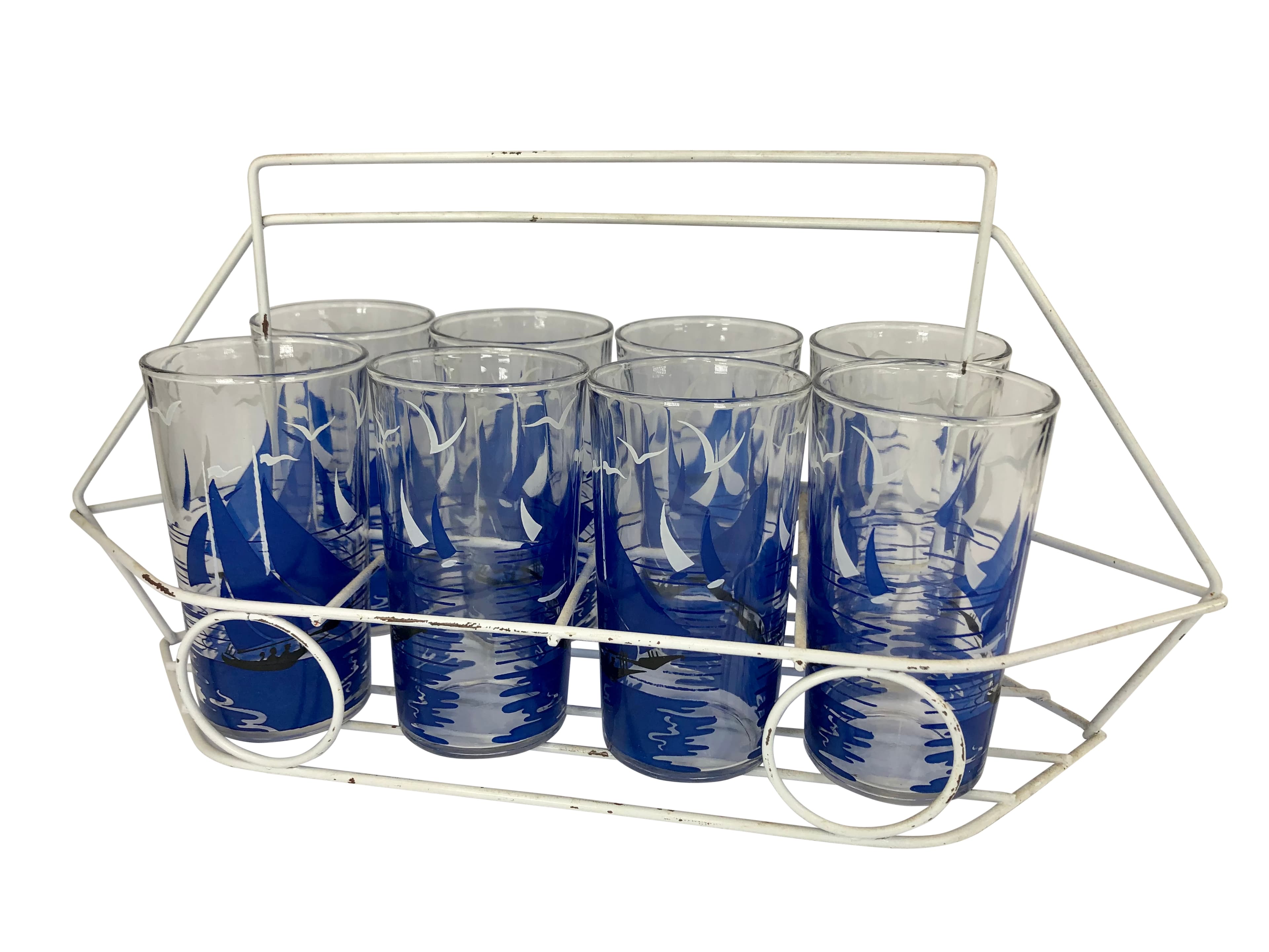 Set of Vintage Tumblers With Sailboats in Boat-Shaped Caddy