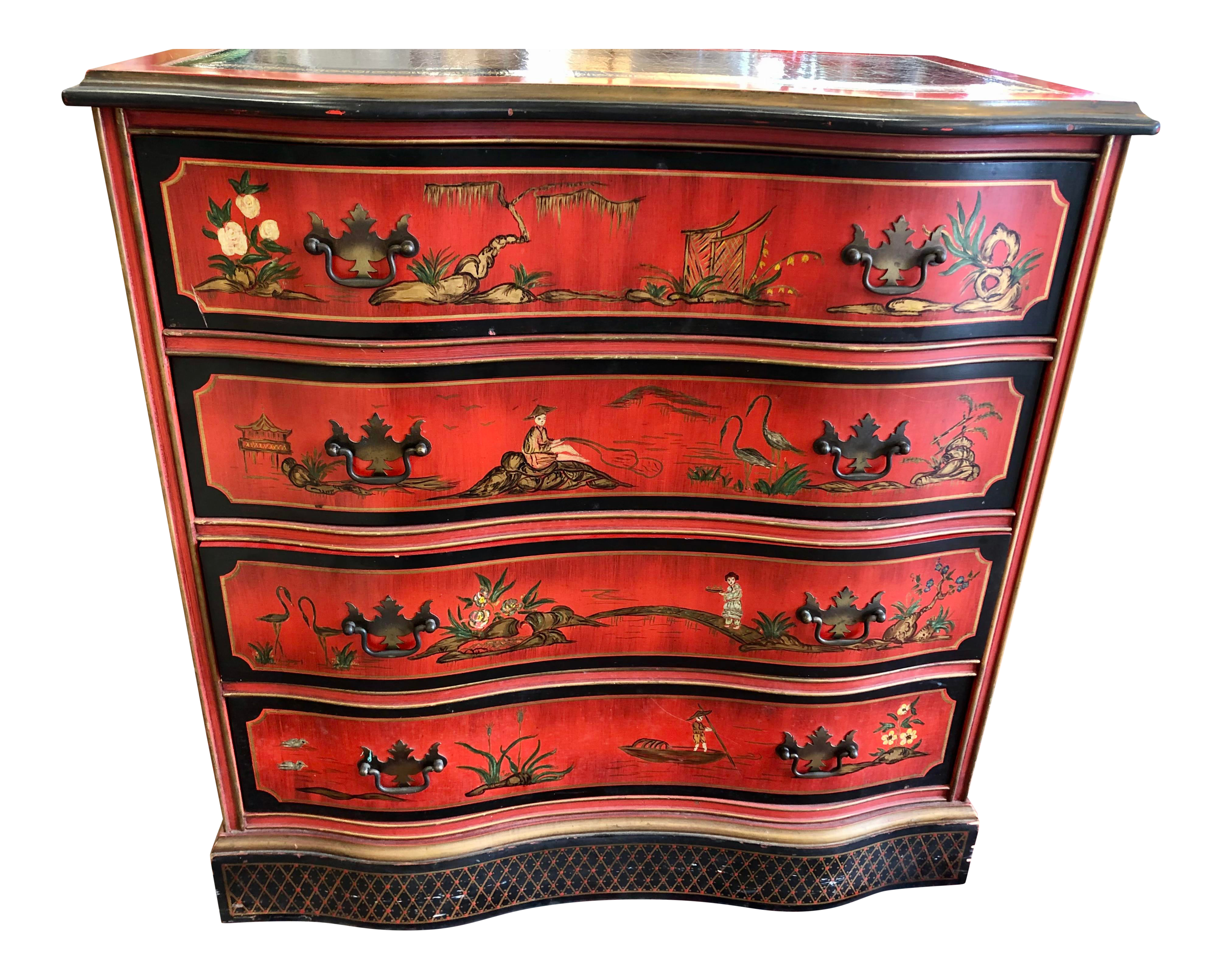 Vintage Red Chinoiserie Bachelors Chest