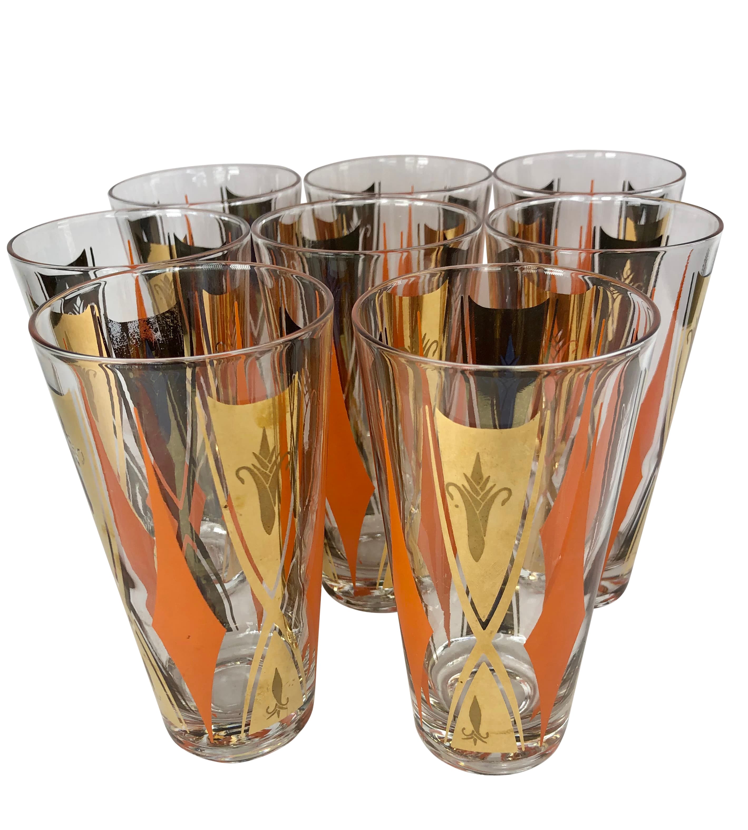 Set of 8 Vintage Tumblers With Orange and Gold Decoration