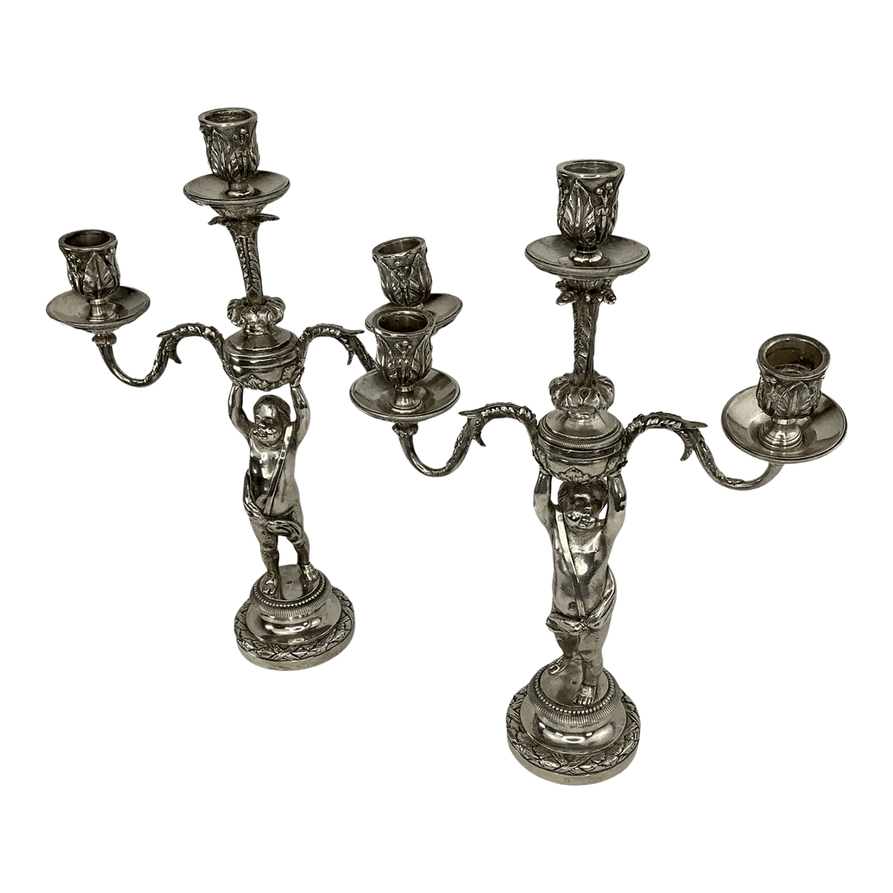 Pair of 19th C French Silvered Bronze Putti Candelabra