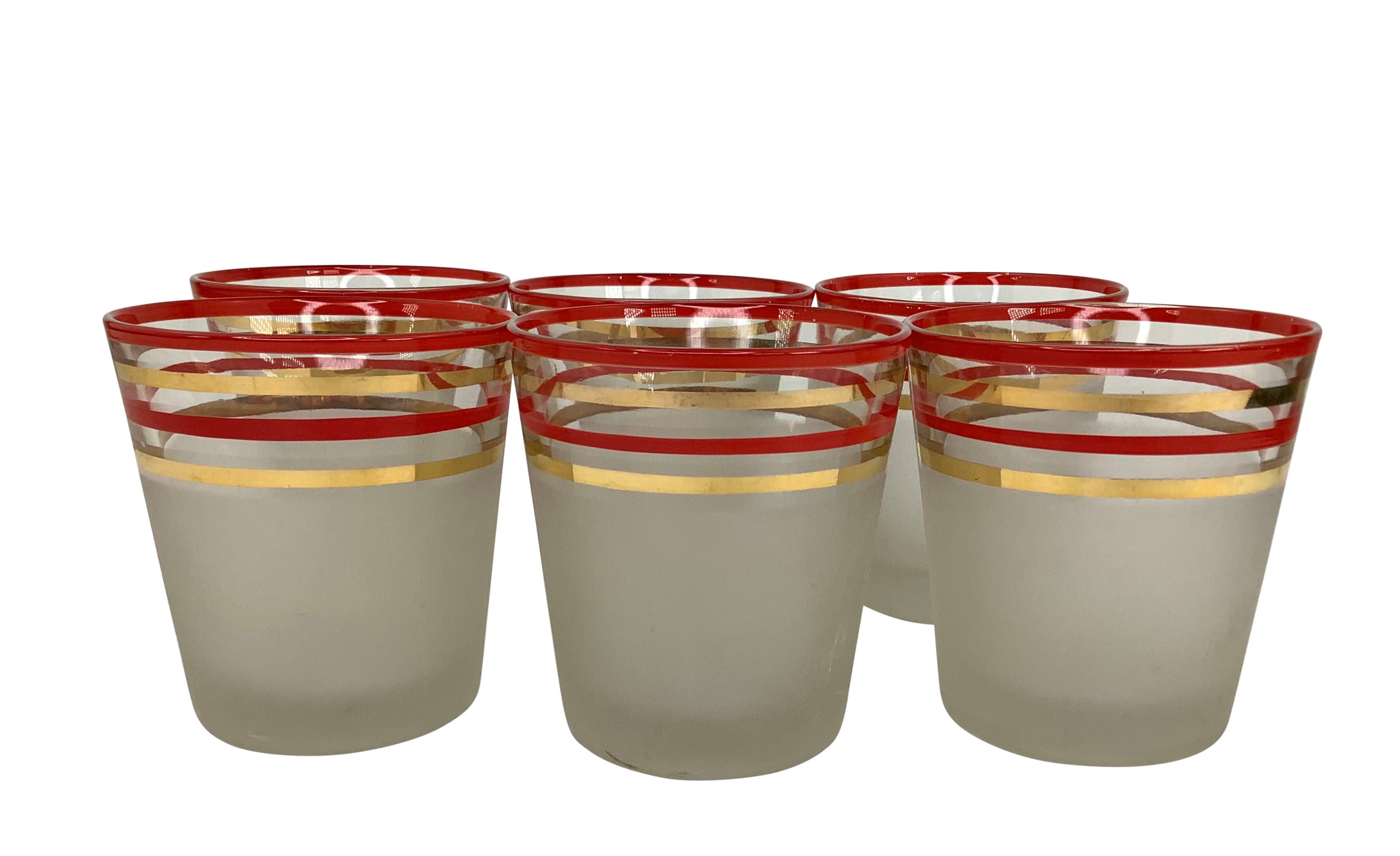 Set of 6 Old Fashioned Rocks Frosted Cocktail Glasses With Red and Gold Band
