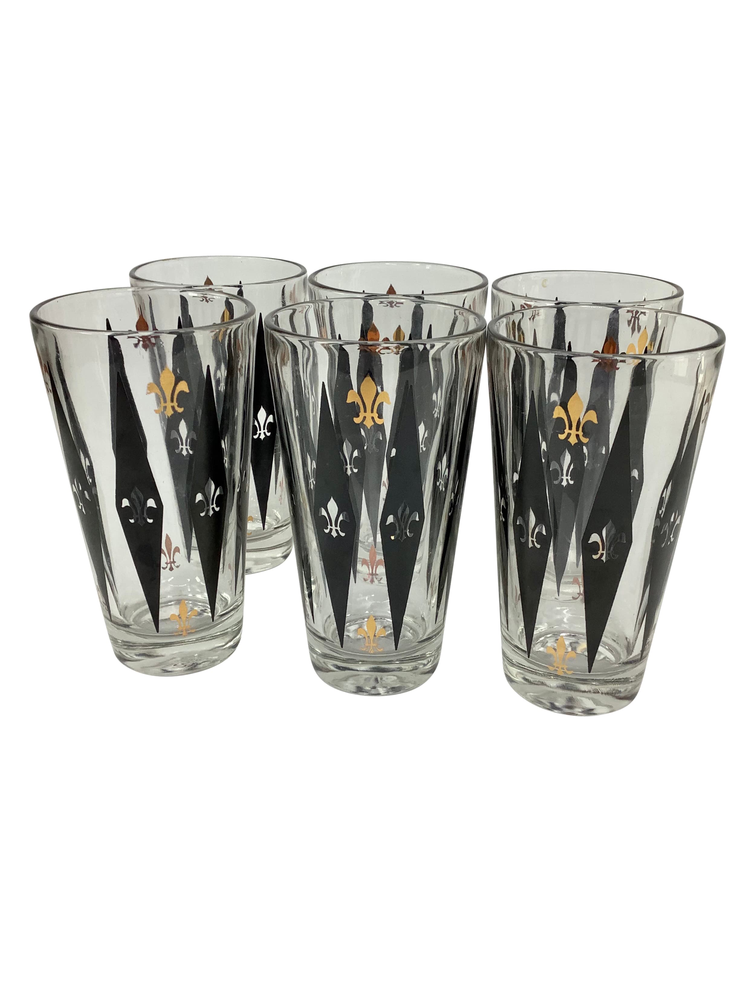 Set of 6 Vintage Highball Glasses With Black Diamonds and Fleur De Lis Decoratio