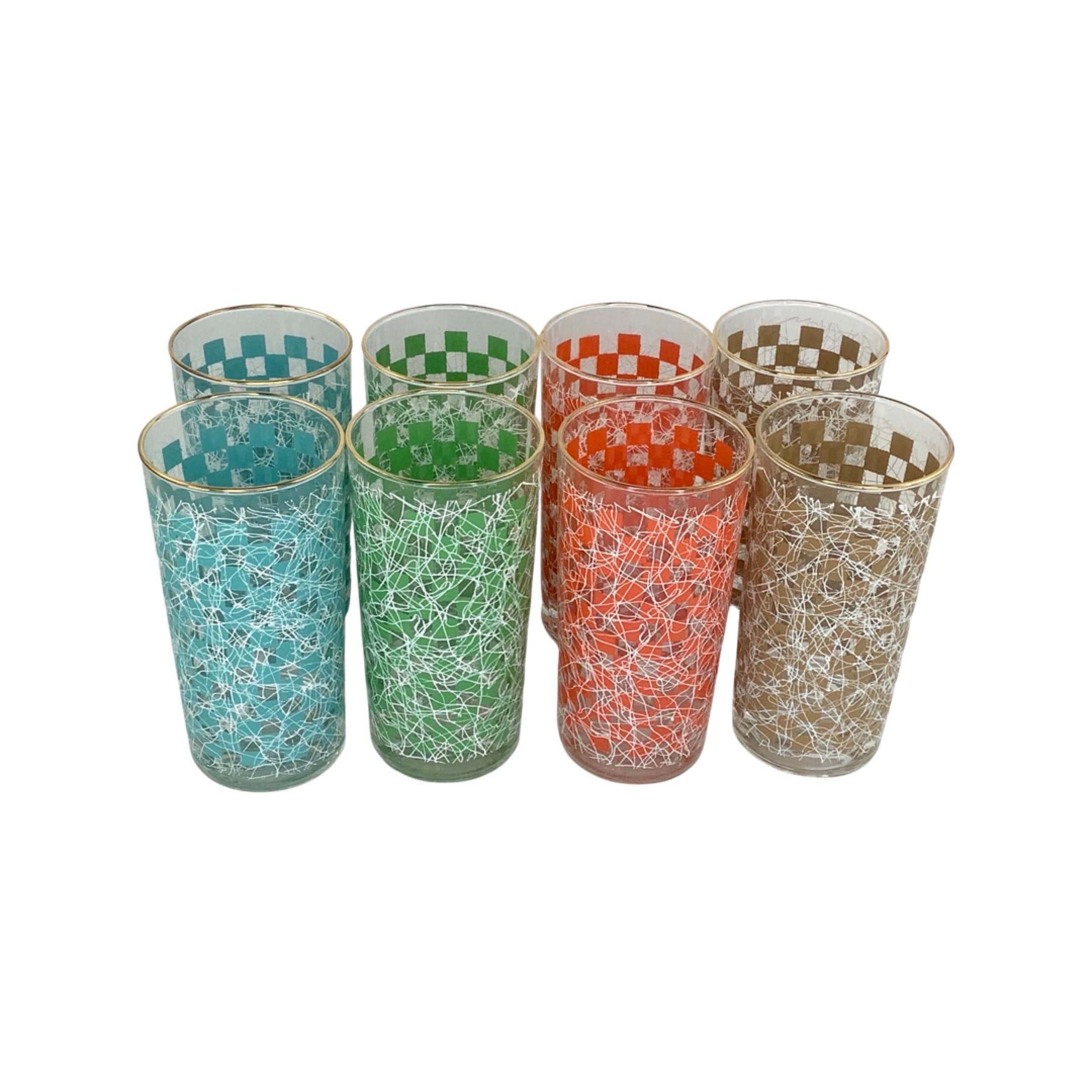 Set of 8 Mid Century Modern Highball Checkerboard Glasses