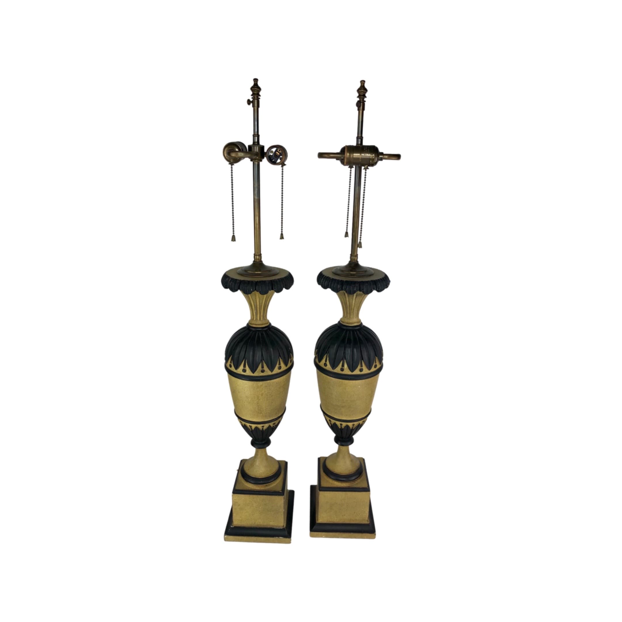 Pair of Vintage Painted Carved Wood Urn Shaped Lamps