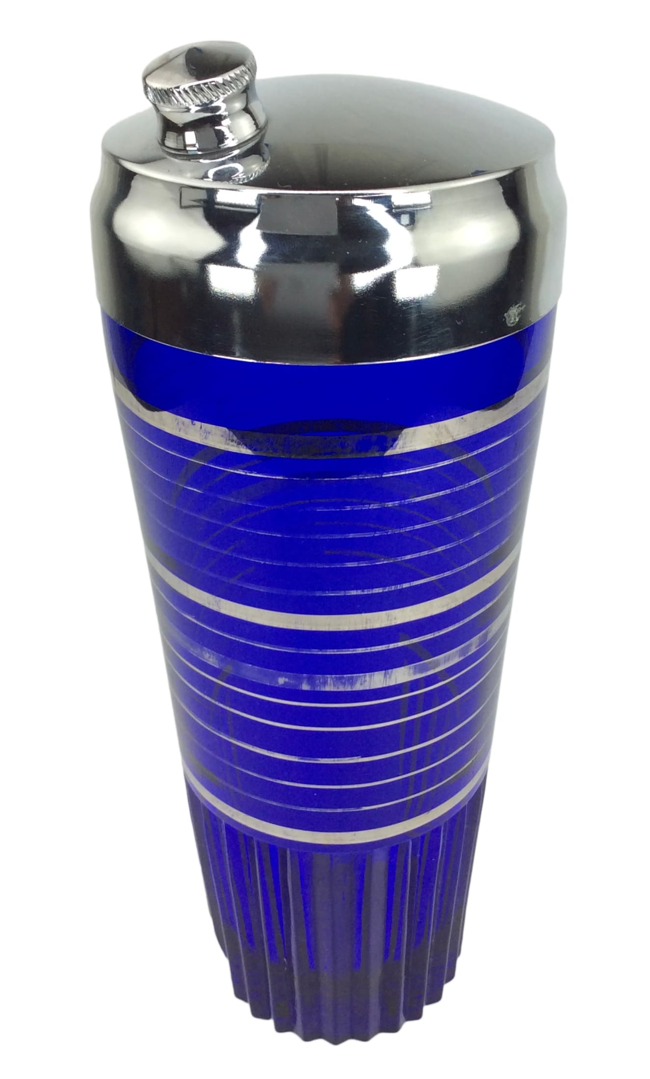 Art Deco Cobalt Blue Cocktail Shaker With Silver Overlay Bands and Fluted Base