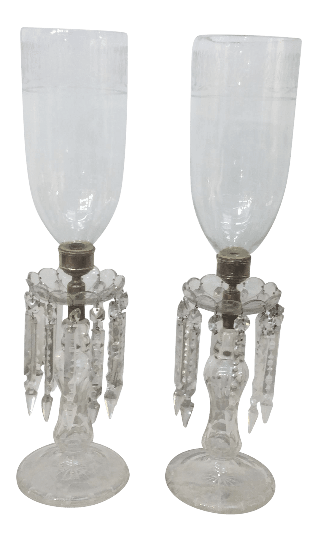 19th C Crystal Candlesticks With Etched Glass Hurricanes