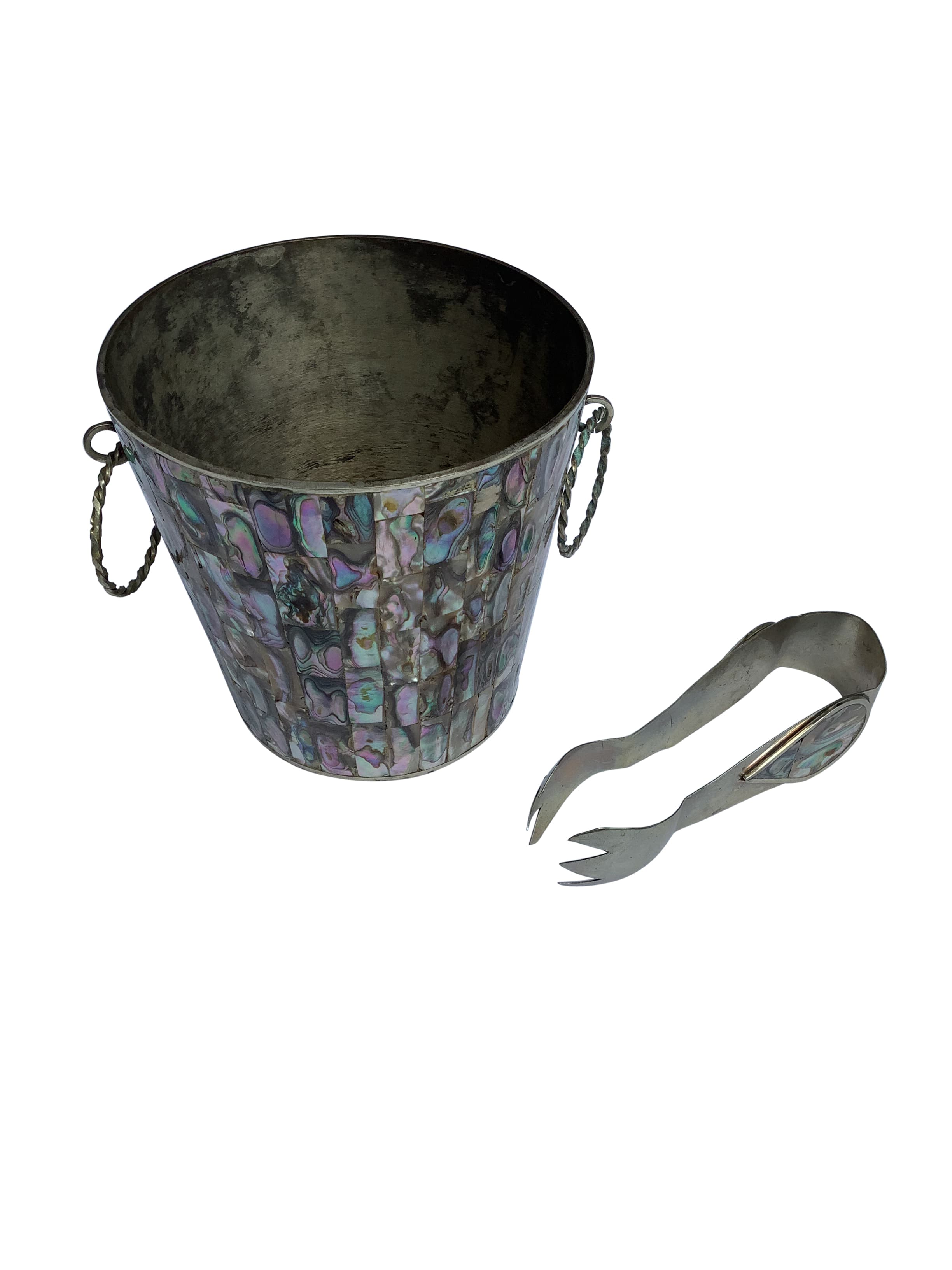 Mexican Abalone and Alpaca Silver Ice Bucket and Tongs