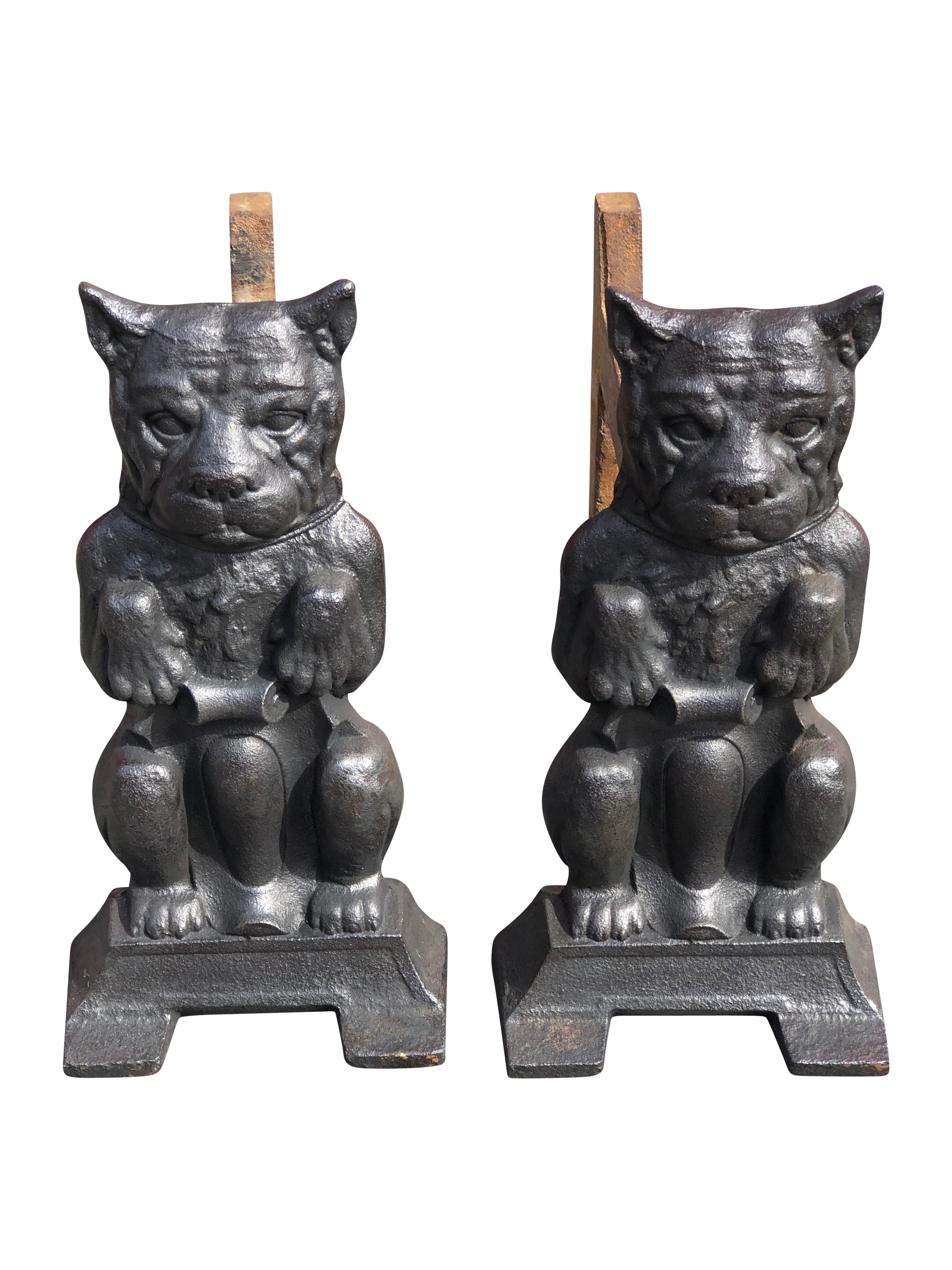 Antique Pair of Cast Iron Dog Andirons