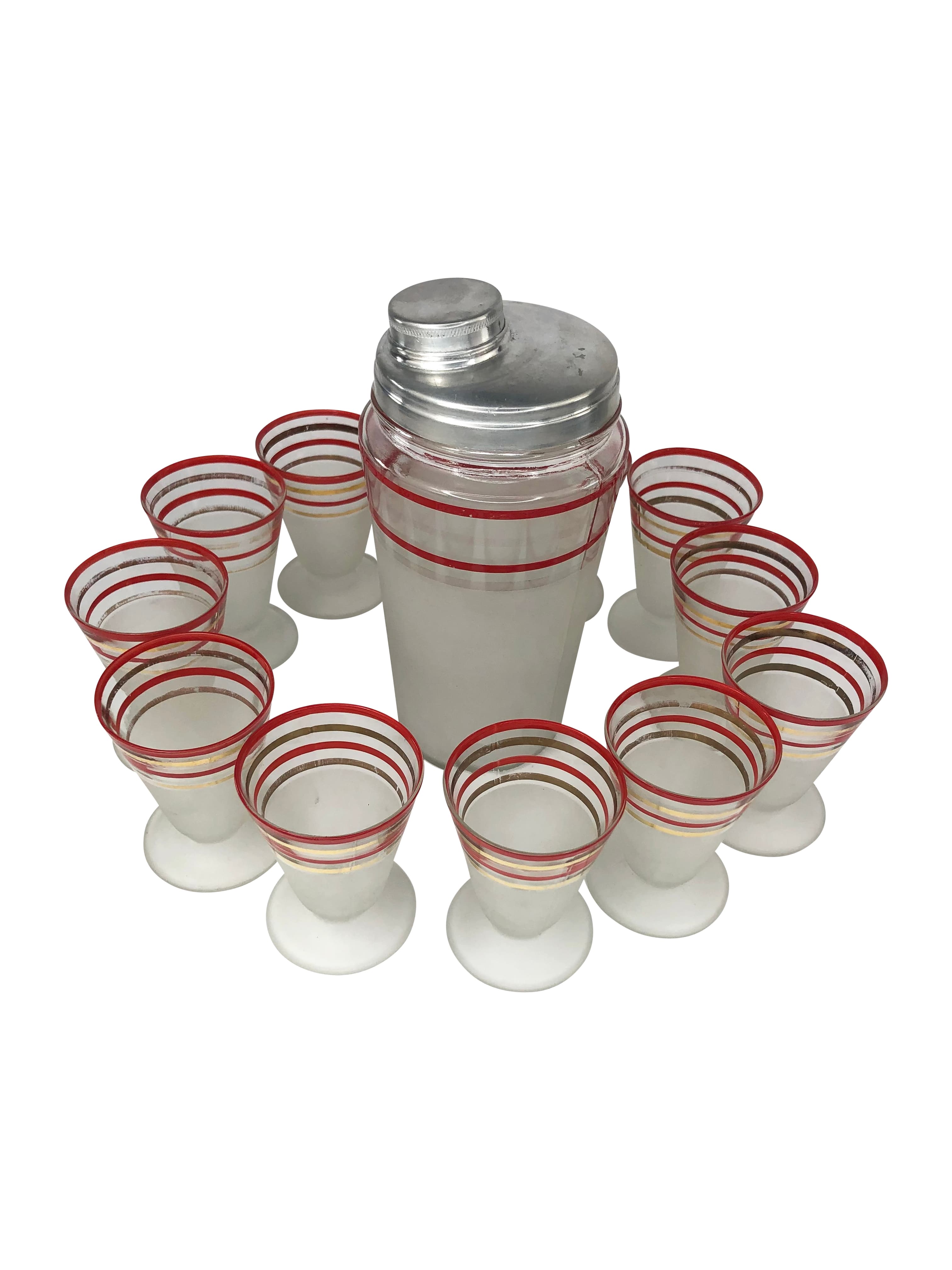 Flared Red and Gold Banded Liqueur Glasses with Cocktail Shakere