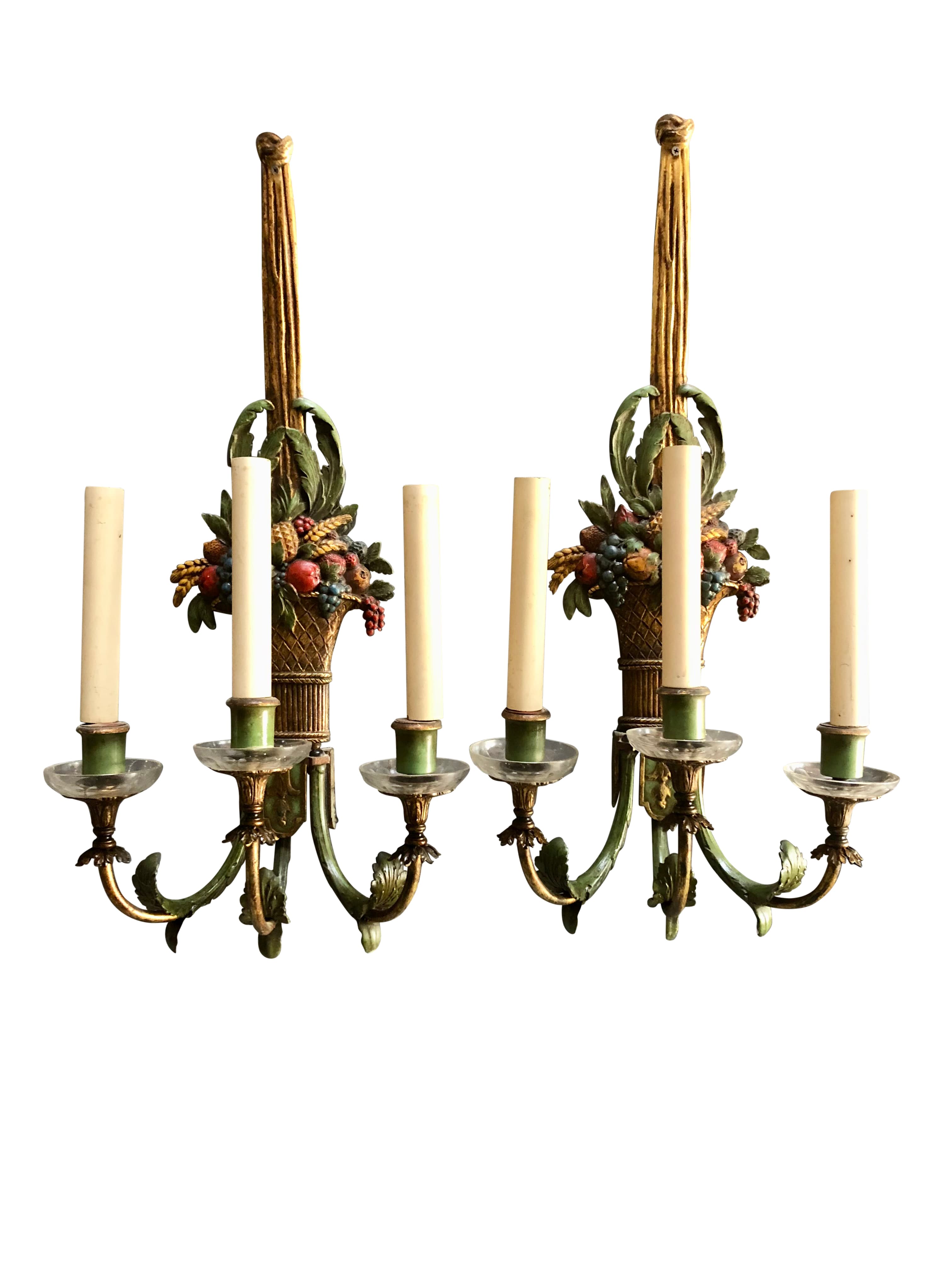 Pair of Large Gilt Bronze and Polychrome Wall Sconces
